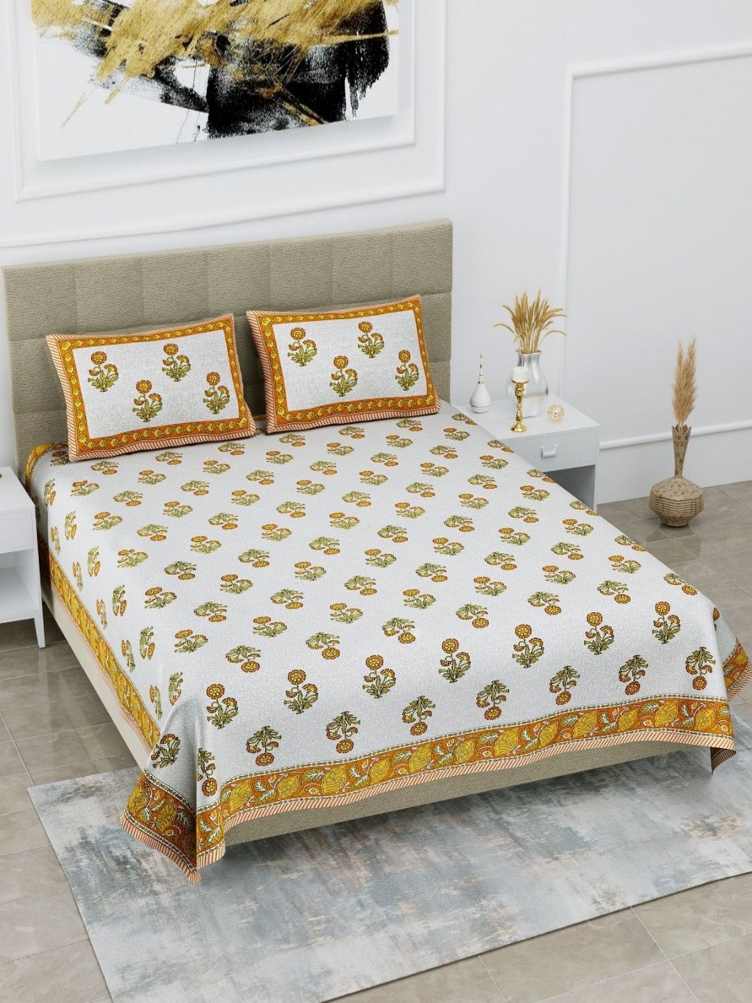 

HOMELINE Brown & White Floral Printed Cotton 180 TC King Bedsheet Set 2.74 x 2.54m