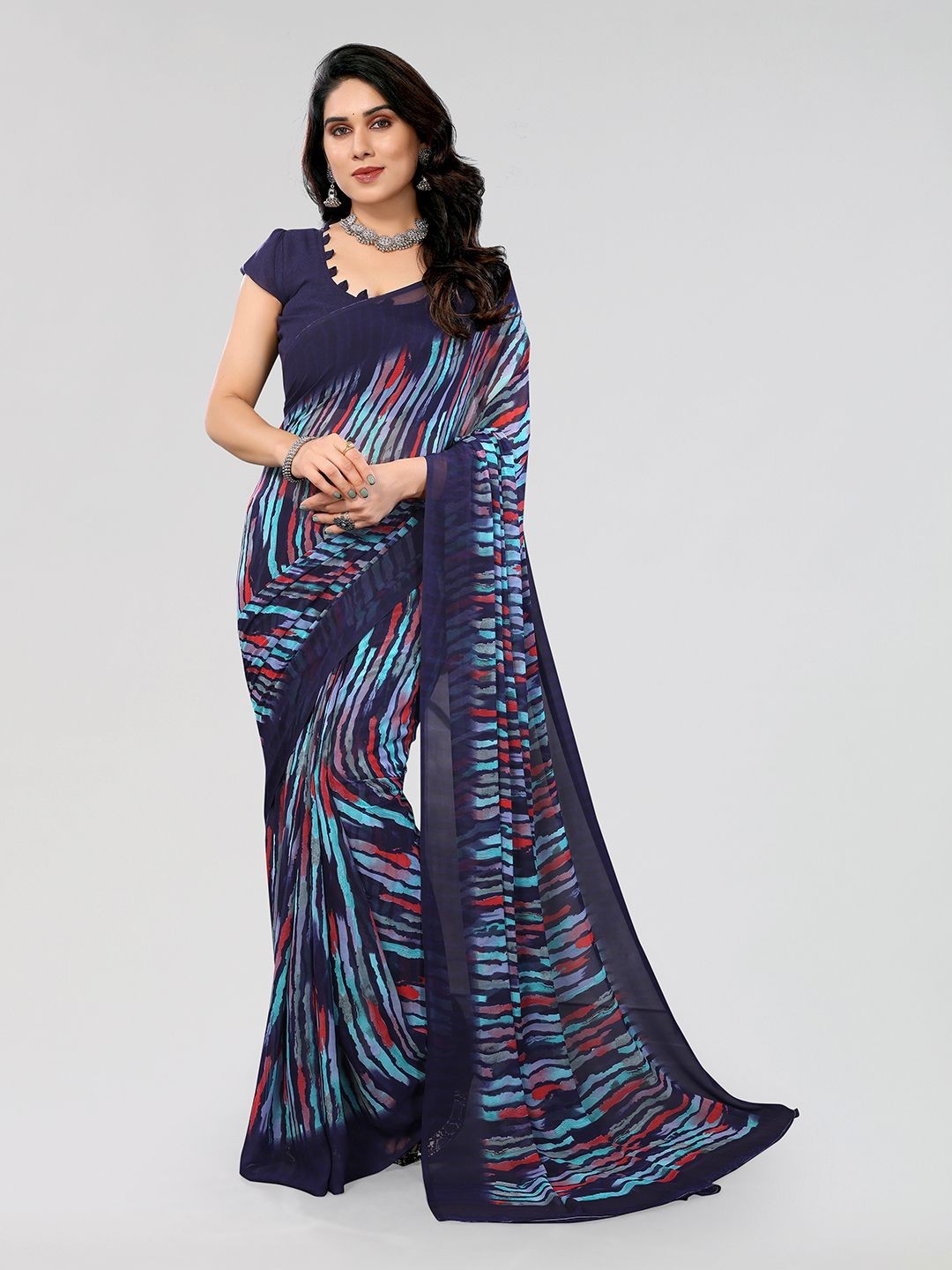 

ANAND SAREES Striped Printed Saree With Blouse Piece, Navy blue