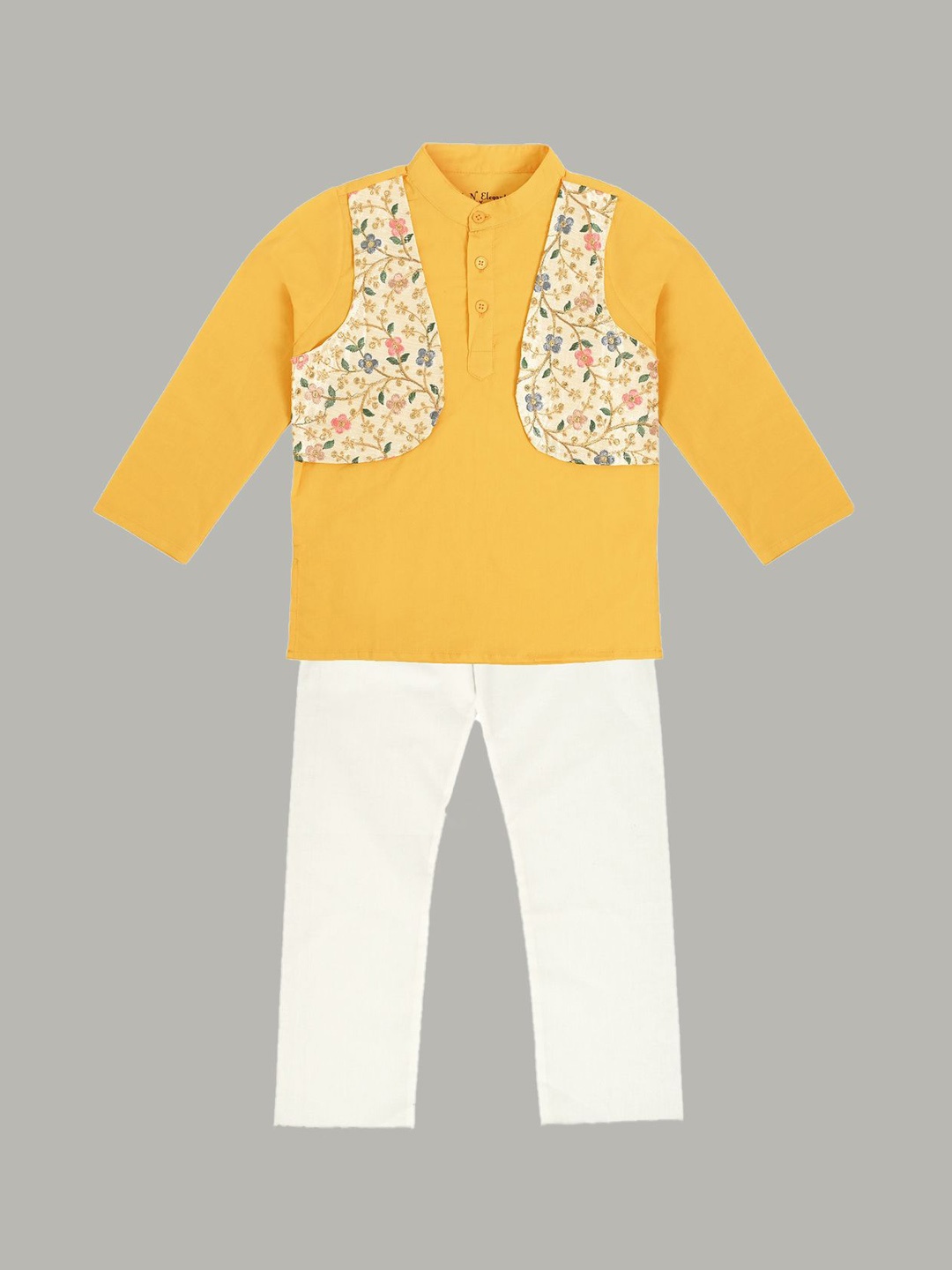 

Bold N Elegant Boys Floral Embroidered Sequinned Kurta with Attached Jacket & Pyjamas, Yellow