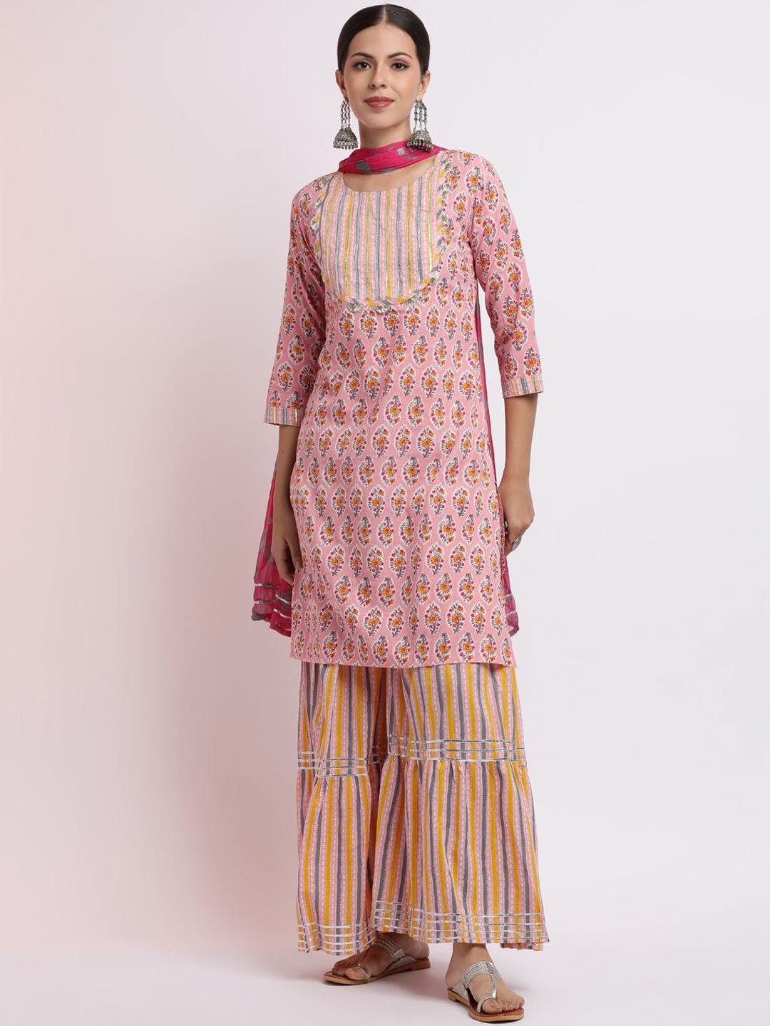 

Jaipur Kurti Floral Printed Pure Cotton Kurta with Sharara and Dupatta, Pink