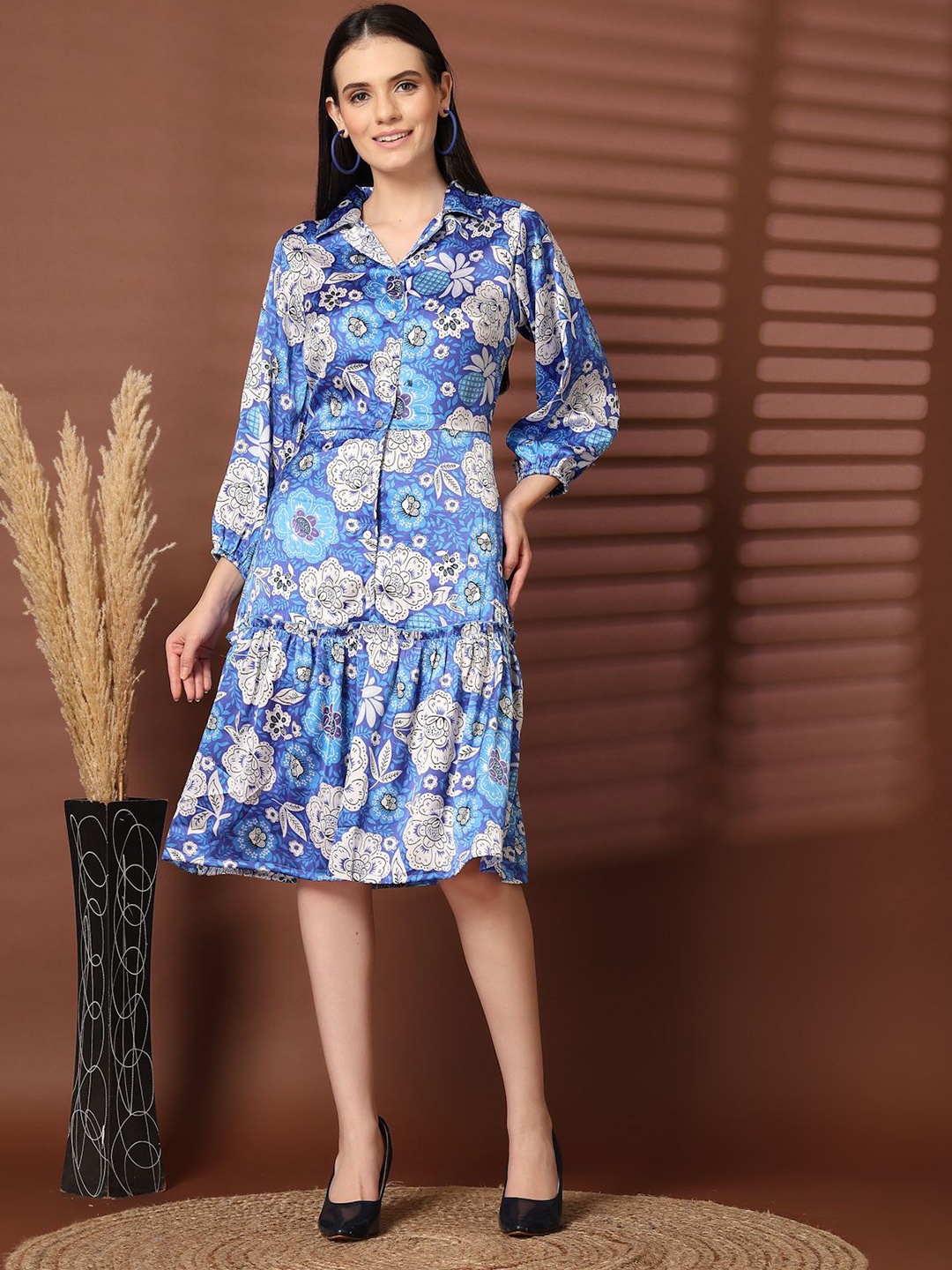 

plusS Women Floral Printed Puff Sleeve A-Line Dress, Blue