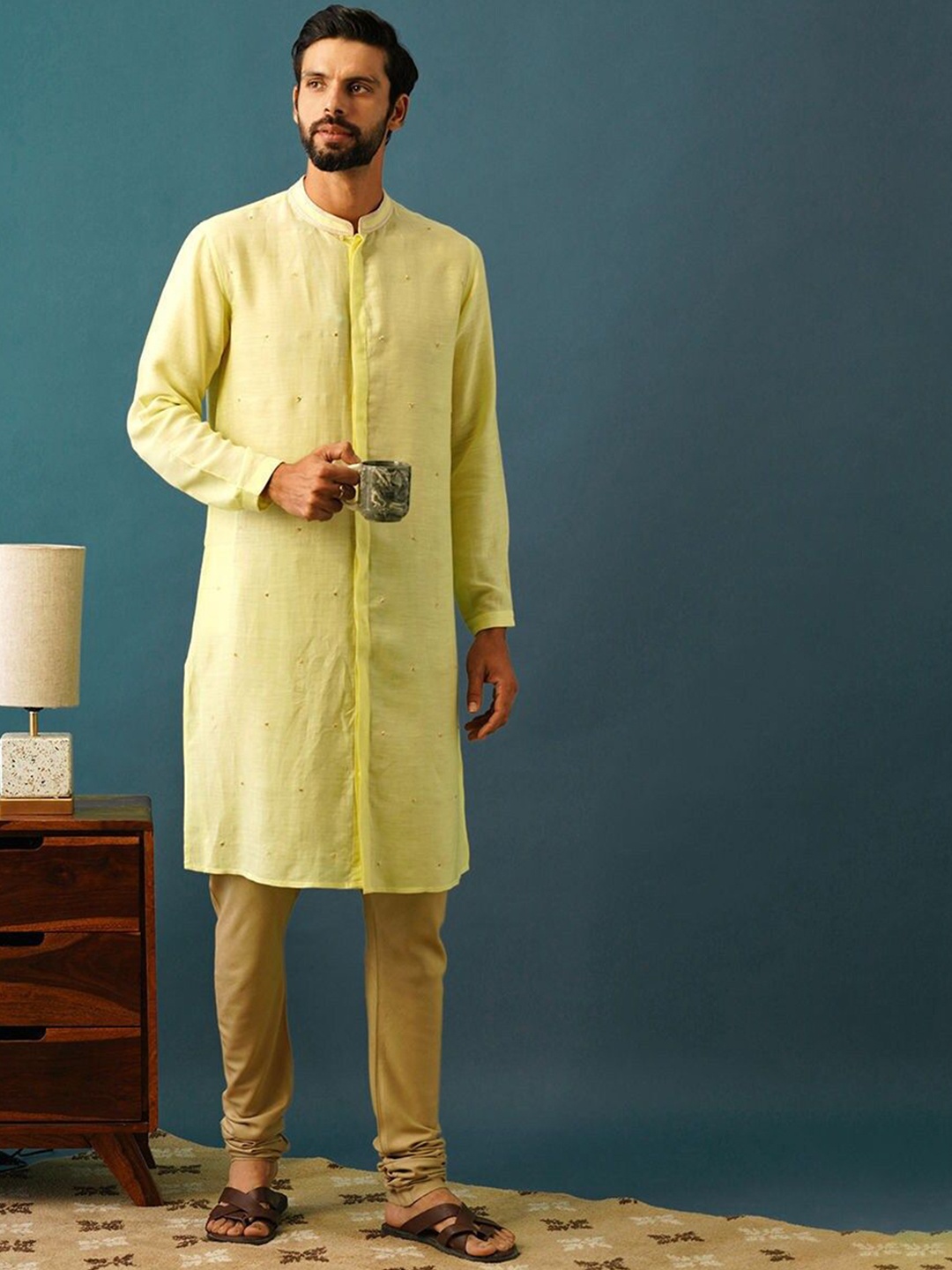 

JAYPORE Mandarin Collar Cotton Thread Work Straight Kurta, Lime green