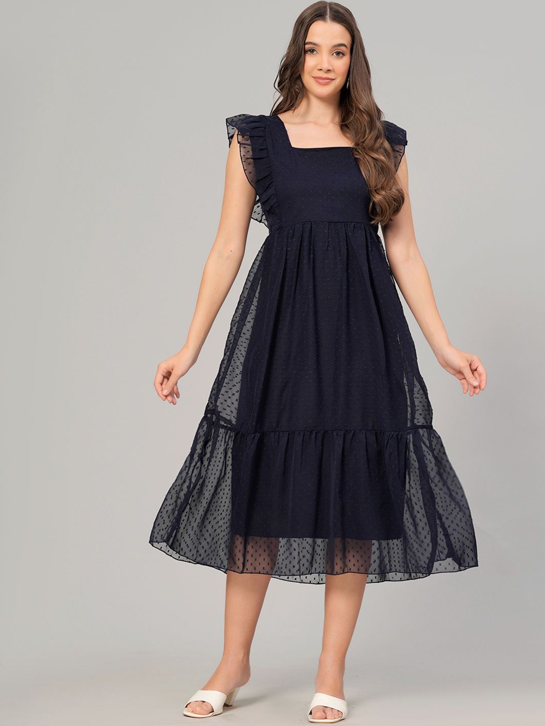 

BAESD Women Self Design Crepe Fit & Flare Midi Dress, Navy blue