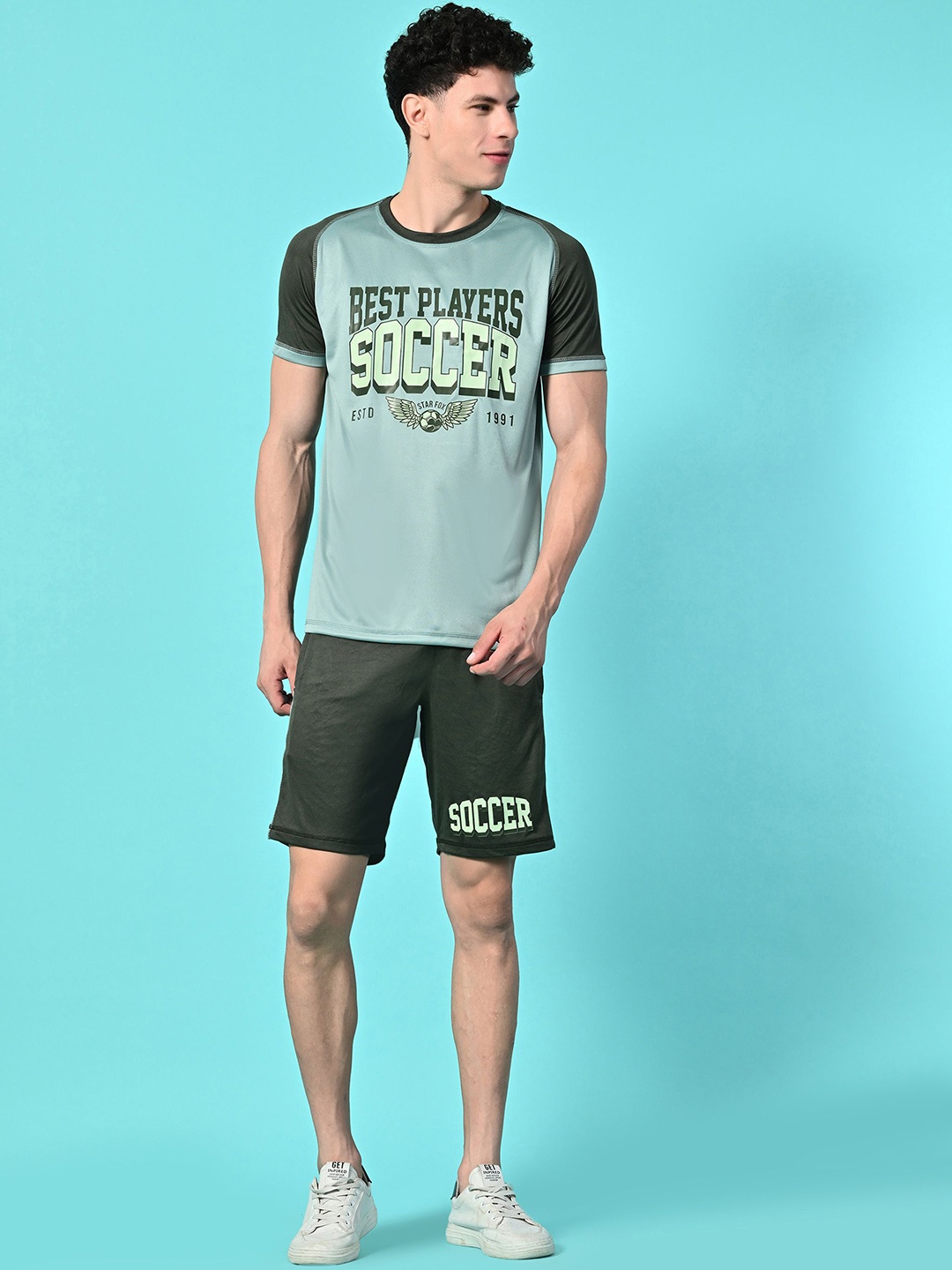 

STARFOX Colorblocked Round Neck T-Shirt & Shorts Co-Ords, Green