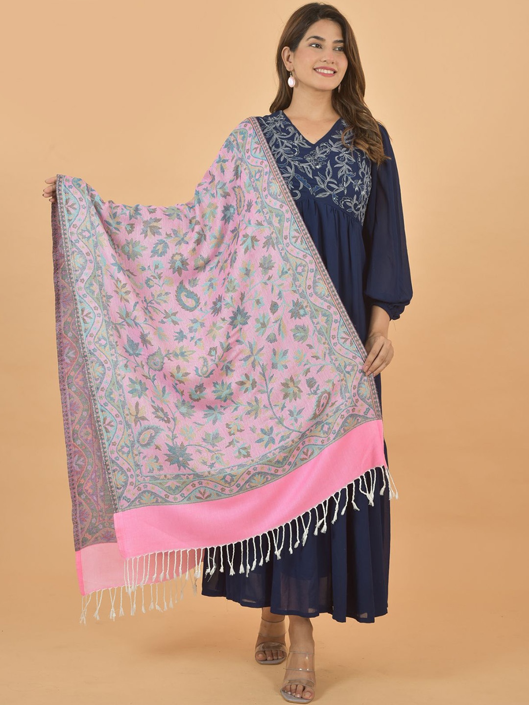 

BAISA Floral Woven Design Pashmina Shawl, Pink