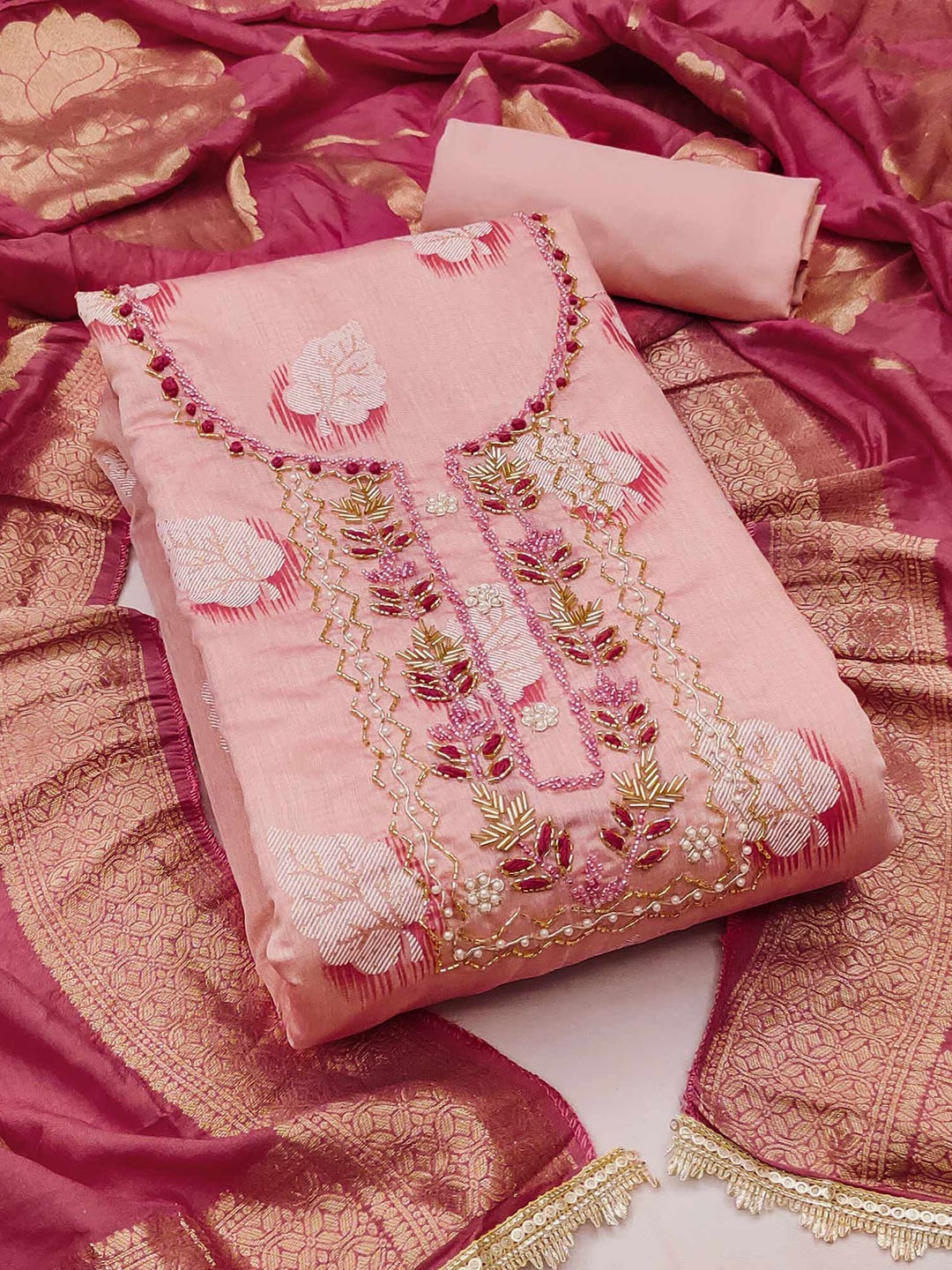 

Peachmode Floral Printed Beads and Stones Unstitched Dress Material, Peach