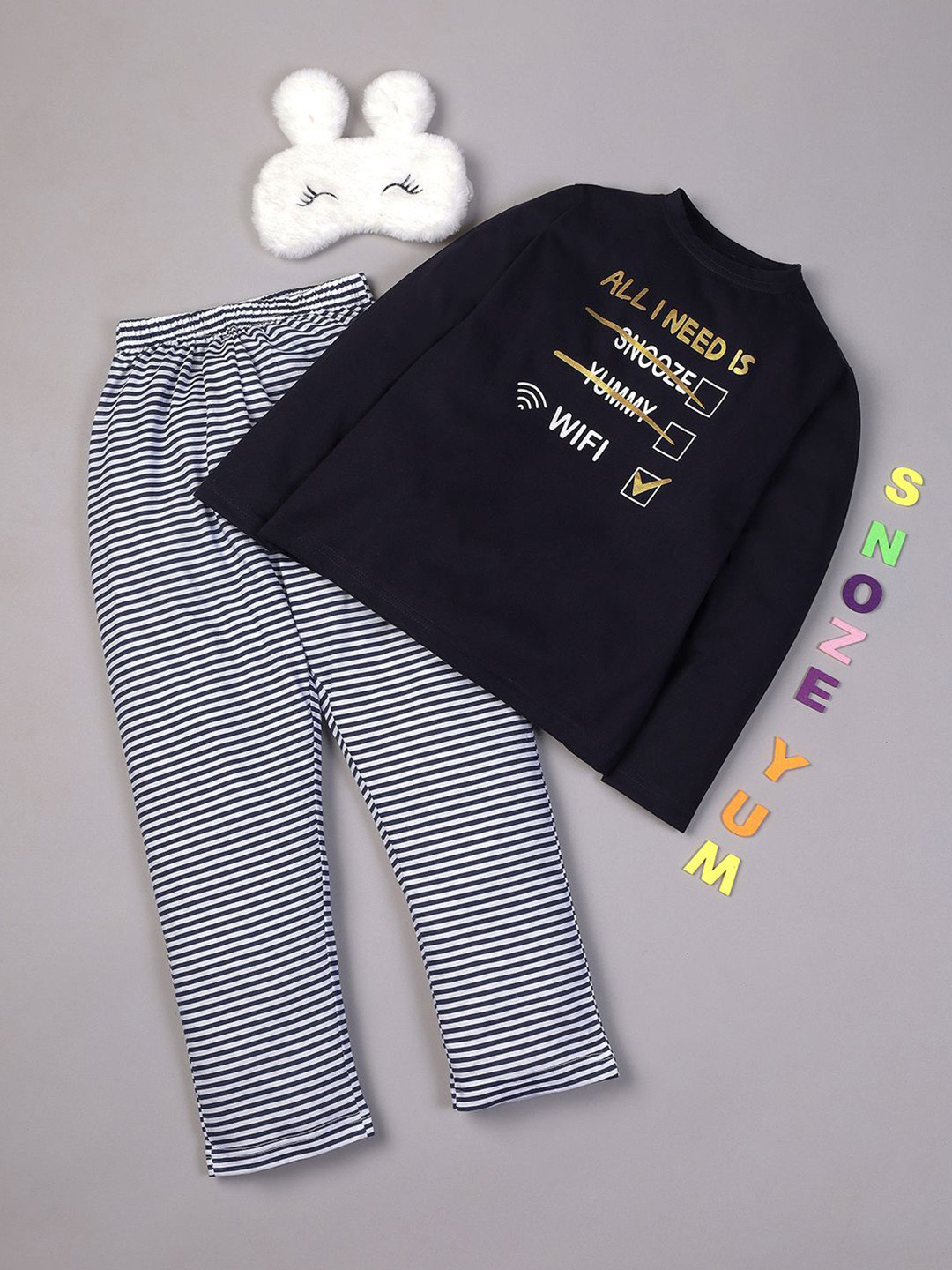 

RAINE AND JAINE Girls Printed Pure Cotton Night suit, Navy blue