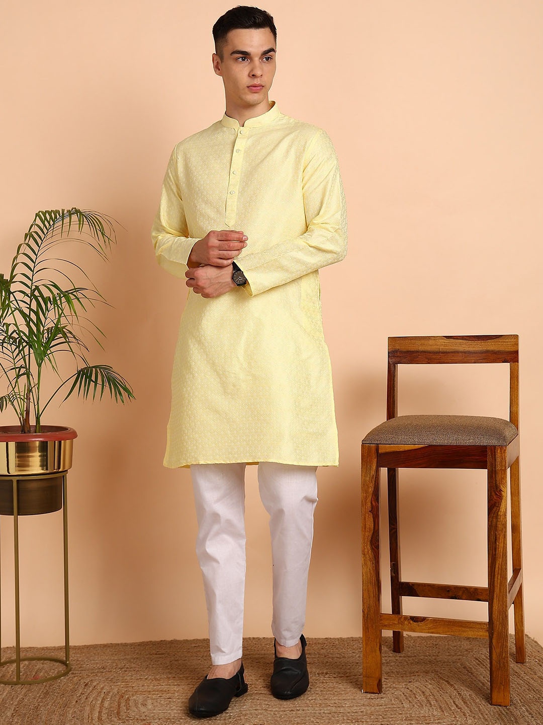 

Anouk Yellow Ethnic Motifs Woven Design Mandarin Collar Jaquard Straight Kurta