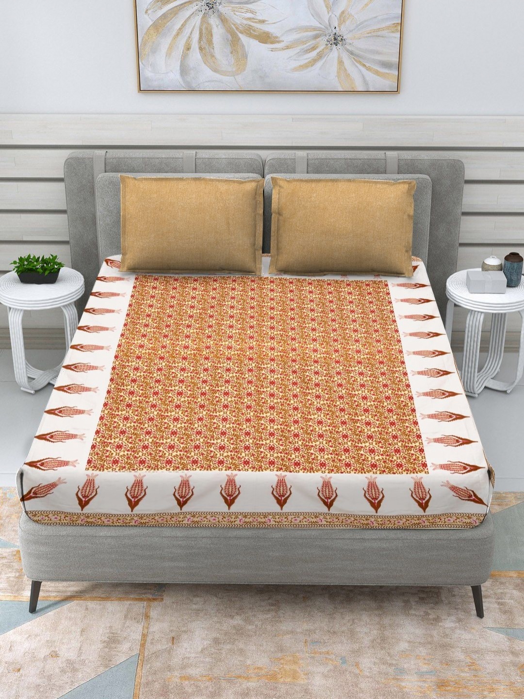 

RRC Yellow & Orange Floral 120 TC King Bedsheet with 2 Pillow Covers
