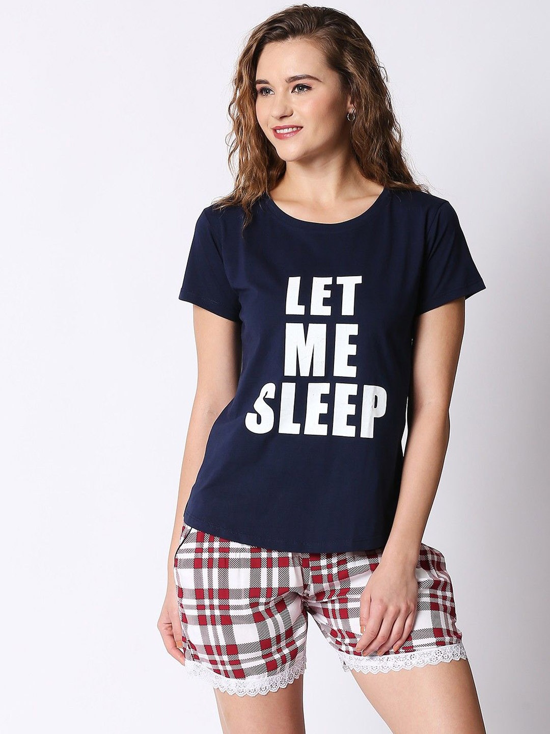 

I like me Women Typography Printed Night suit, Navy blue