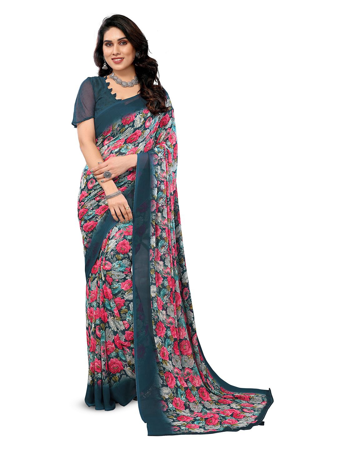 

ANAND SAREES Floral Printed Saree with Blouse Piece, Green