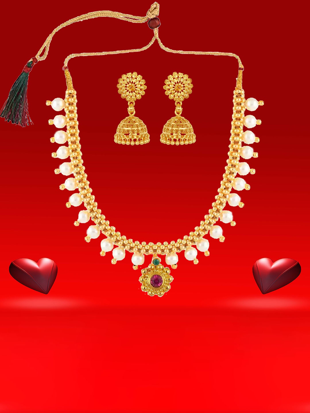 

Heer Collection Gold-Plated Stones-Studded & Pearl-Beaded Antique Jewellery Set