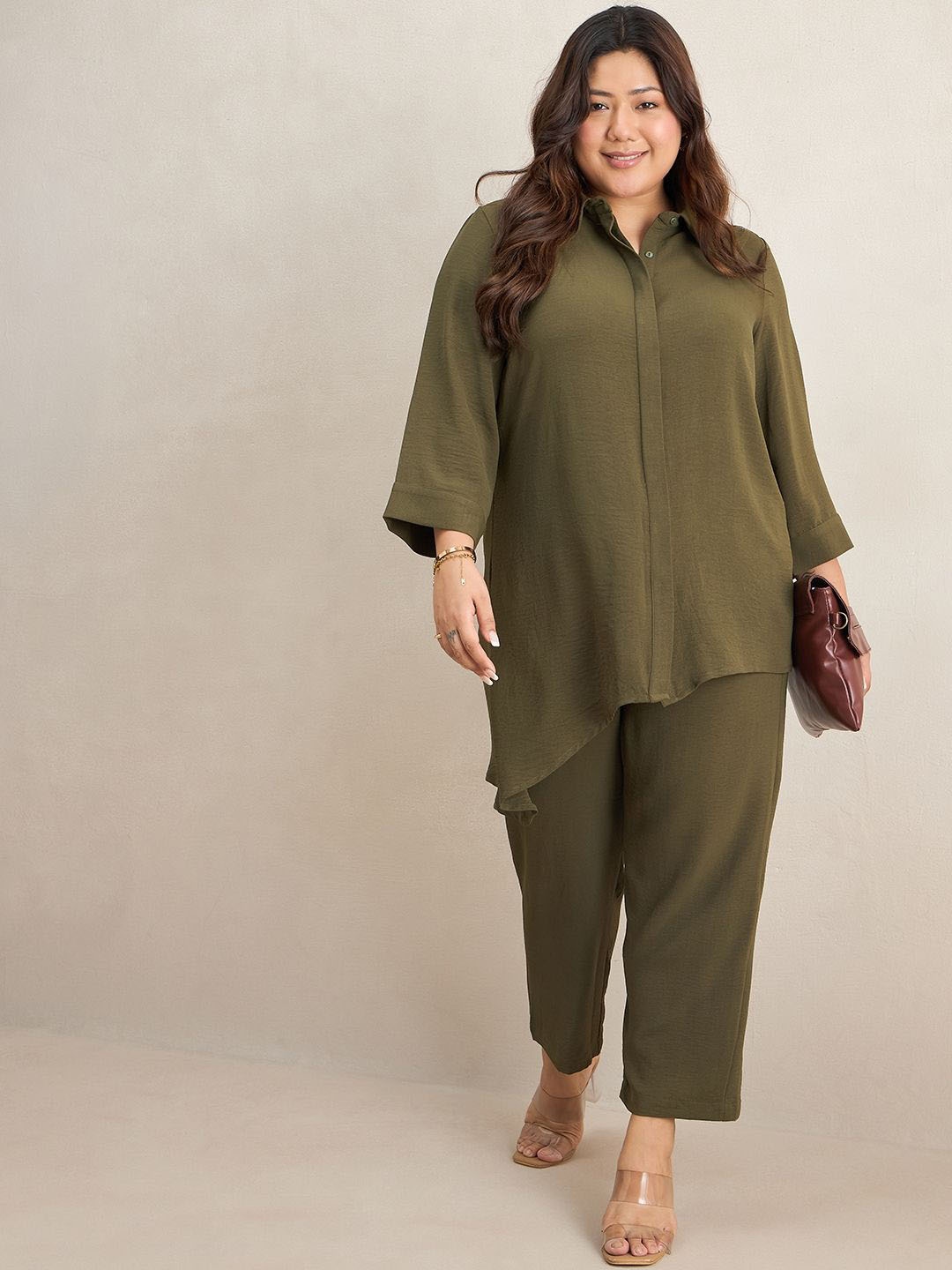 

FEMMELLA Asymmetrical Shirt With Trouser Co-Ords, Olive