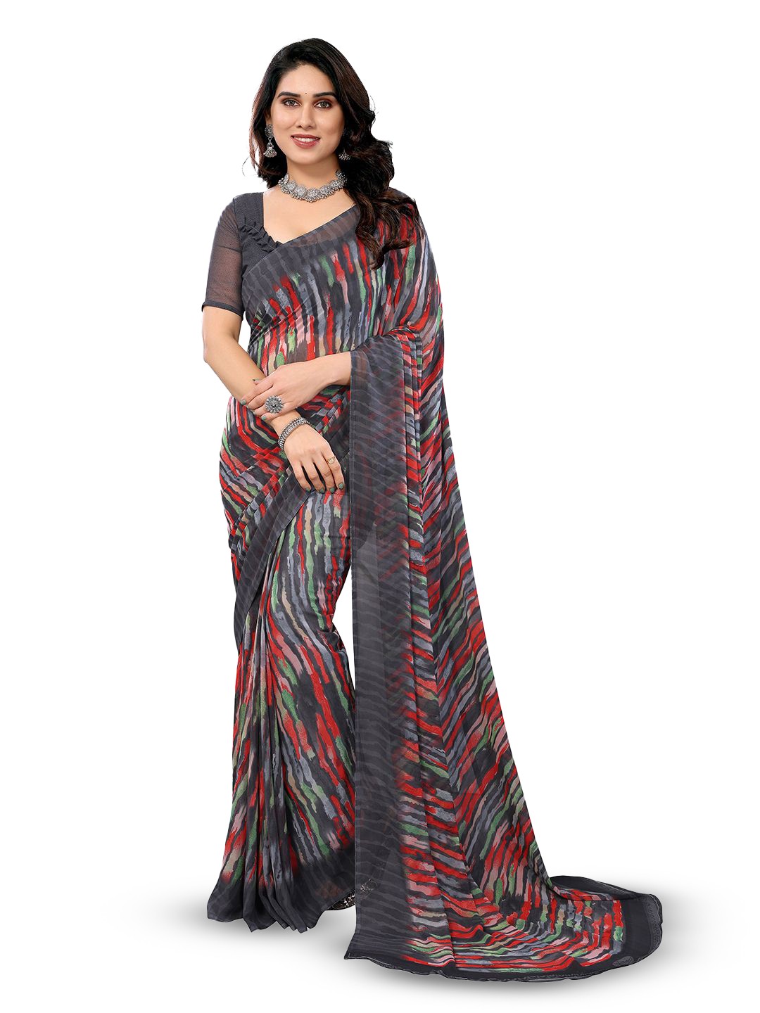 

ANAND SAREES Abstract Printed Saree With Unstitched Blouse Piece, Grey