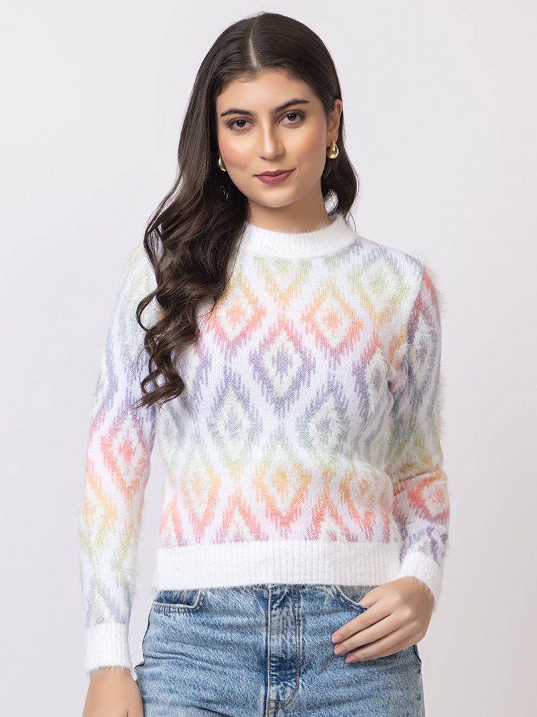 

GFO Women Abstract Printed Woollen Pullover, White