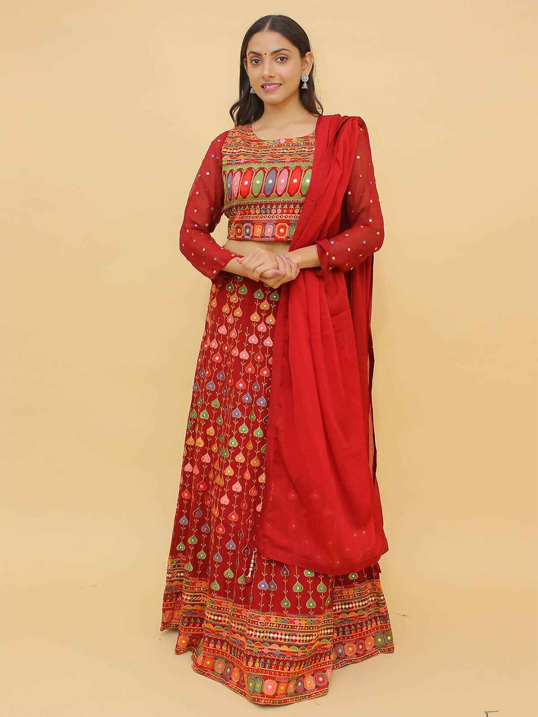 

ODETTE Embroidered Ready to Wear Lehenga & Blouse With Dupatta, Red