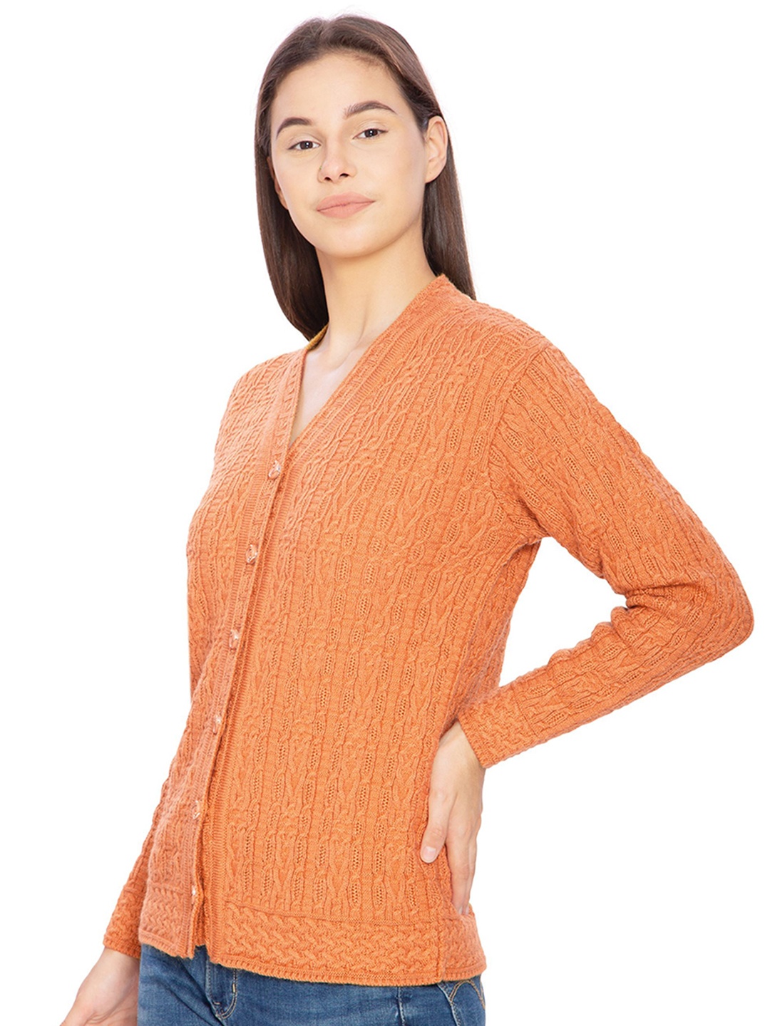 

BAESD Women Self Design Long Sleeves Cable Knit Woollen Cardigan Sweaters, Orange