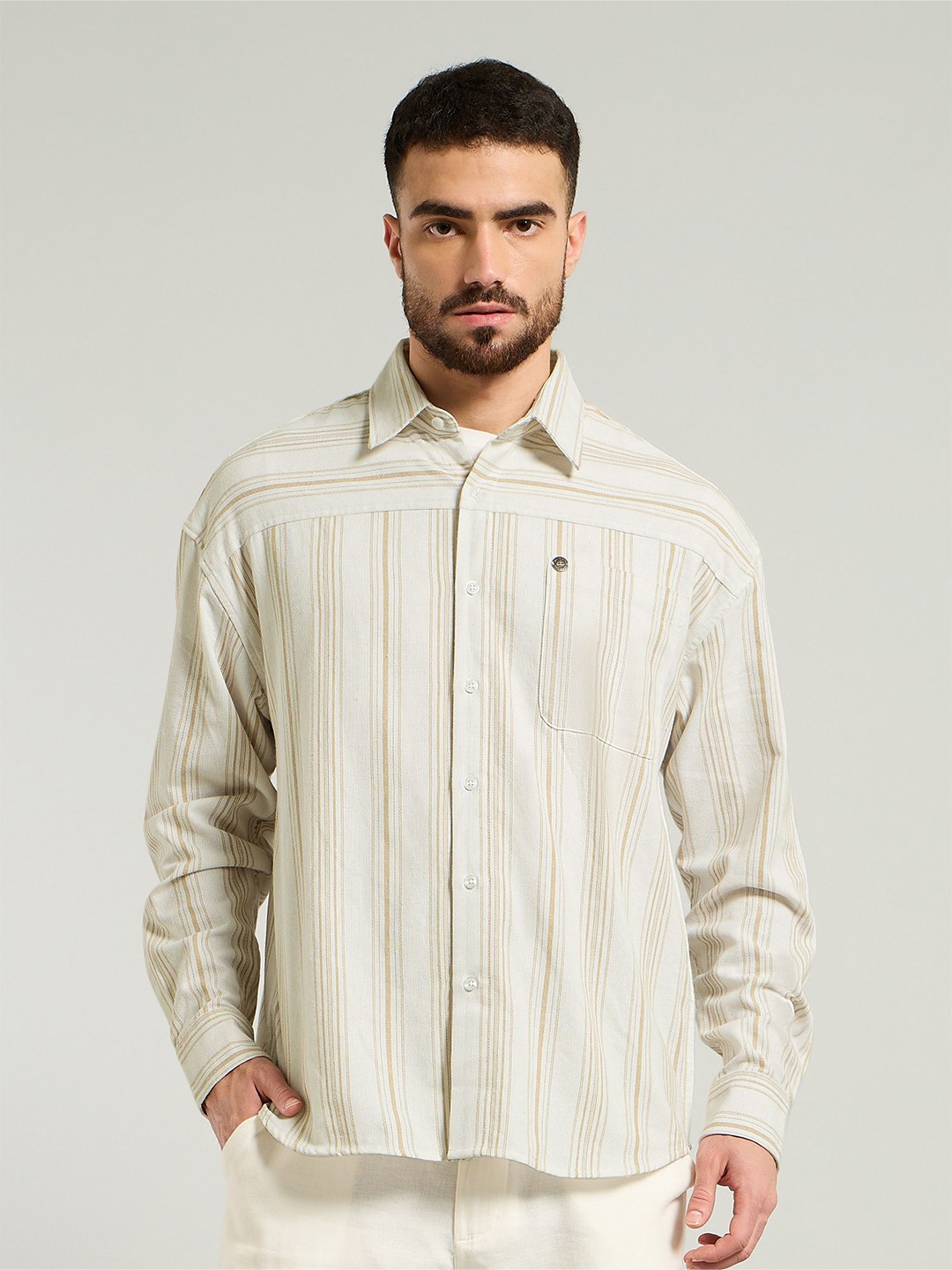 

Beyoung Men Spread Collar Vertical Striped Cotton Casual Shirt, White