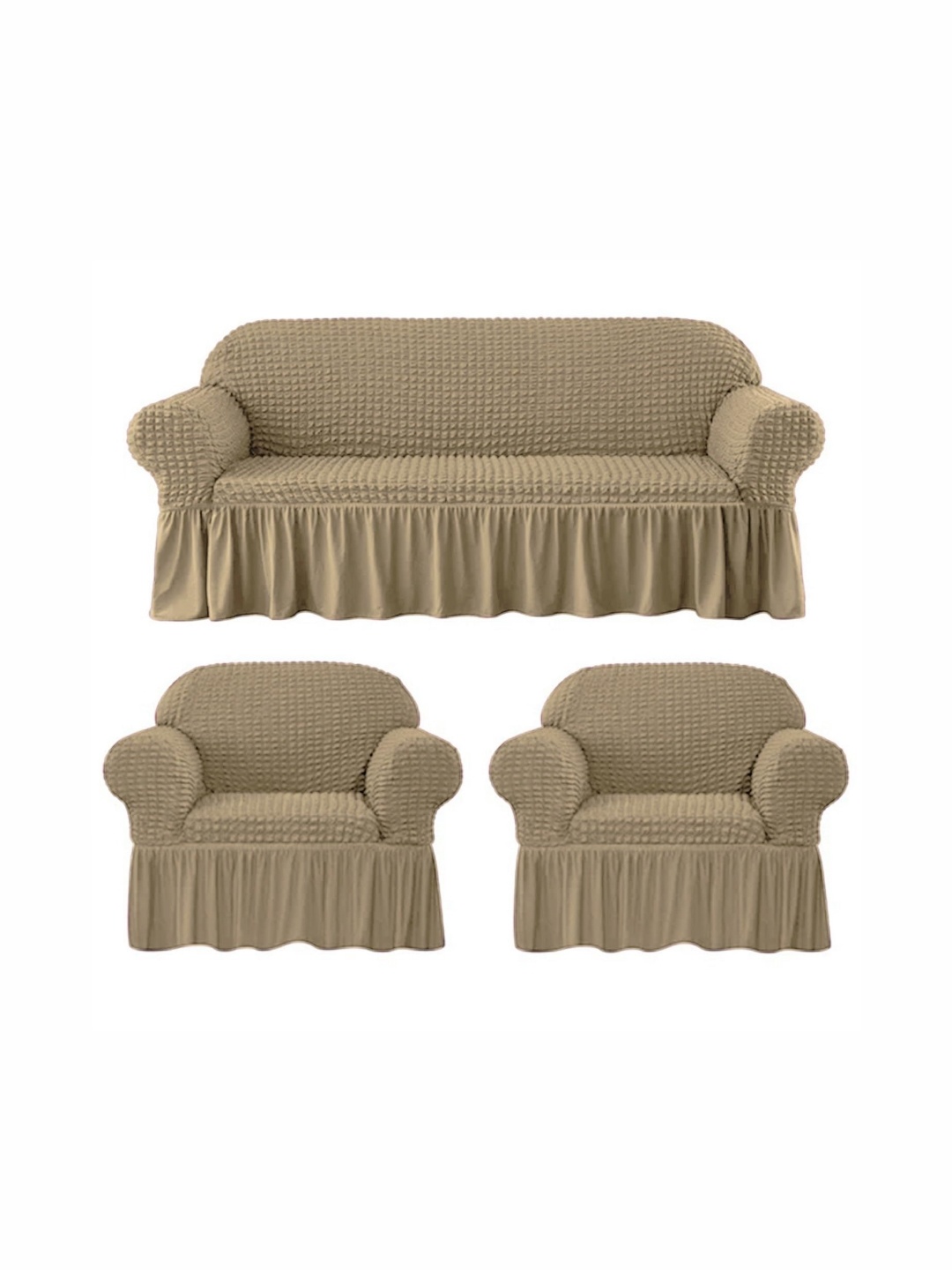 

Lukzer Beige 3 Pieces Self Design Sofa Cover With Arms
