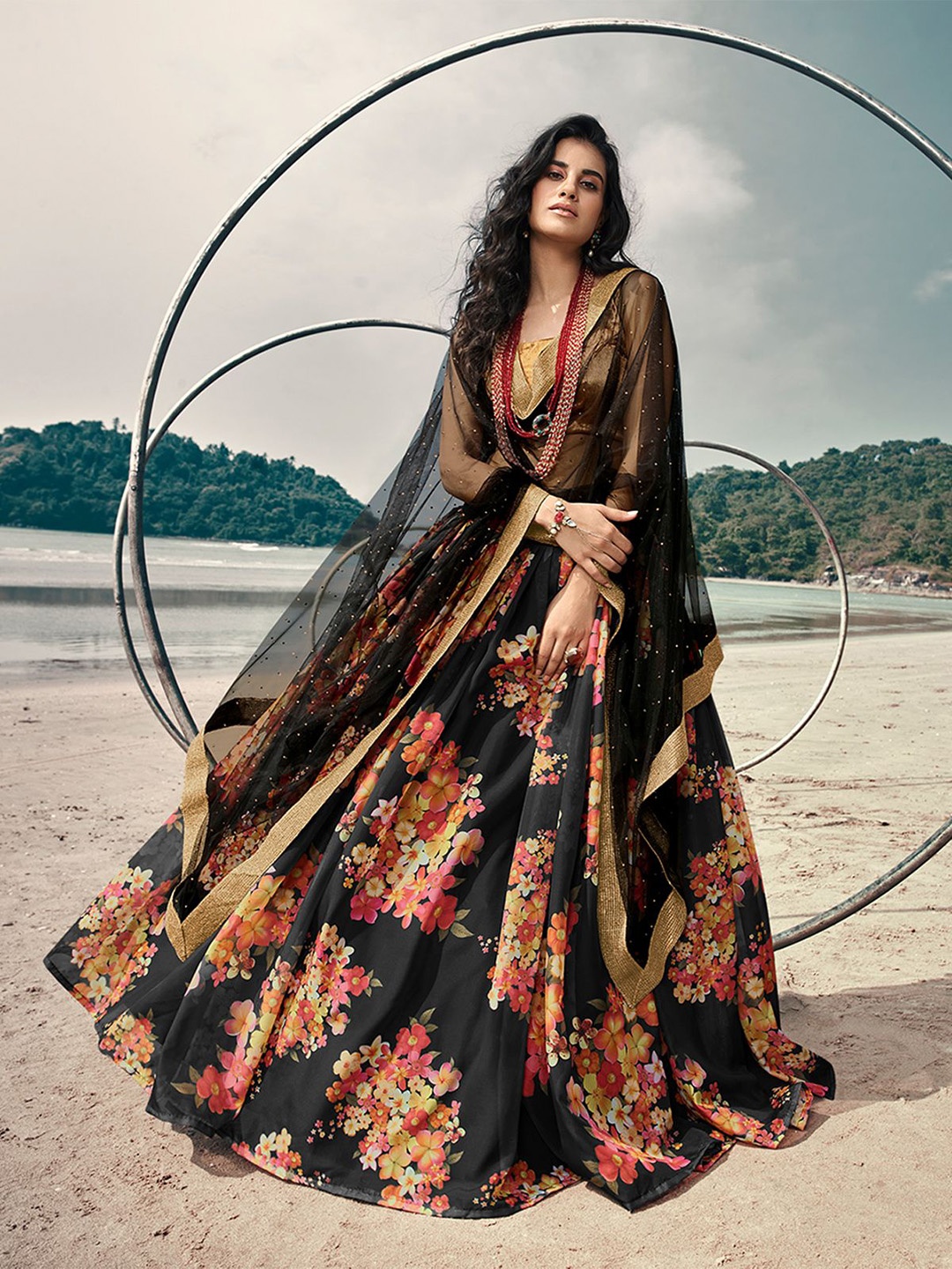 

ODETTE Zari Organza Semi-Stitched Lehenga & Blouse With Dupatta, Black