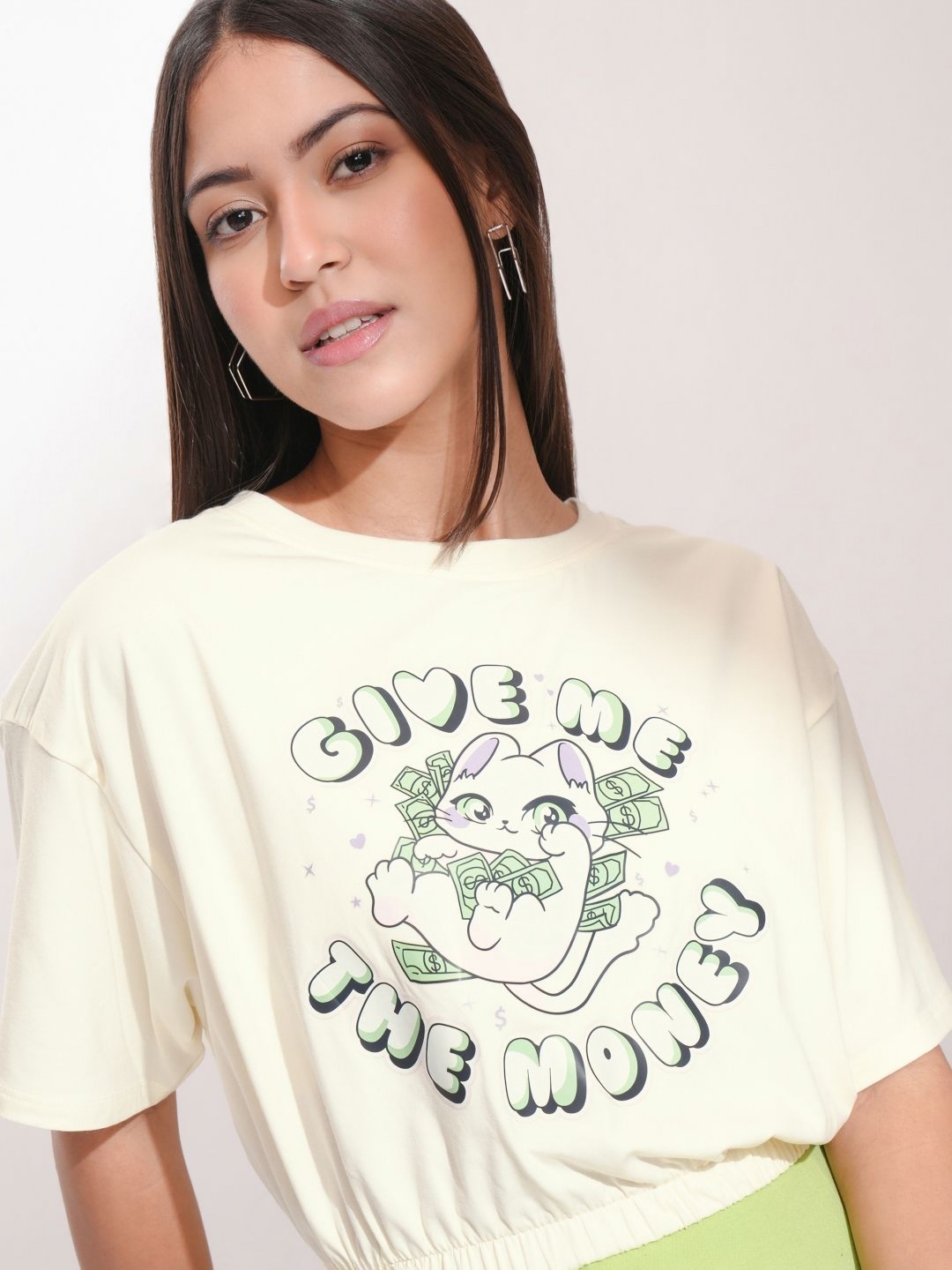 

Tokyo Talkies Women Graphic Printed Round Neck Cotton Boxy T-shirt, Off white