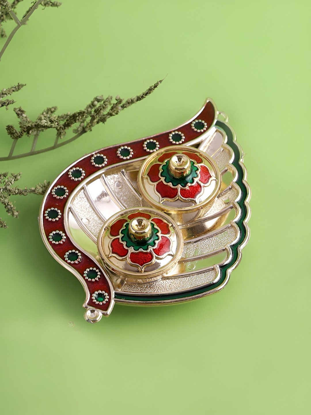

Aapno Rajasthan Green & Red Glossy Leaf Roli Chawal Thali, Gold