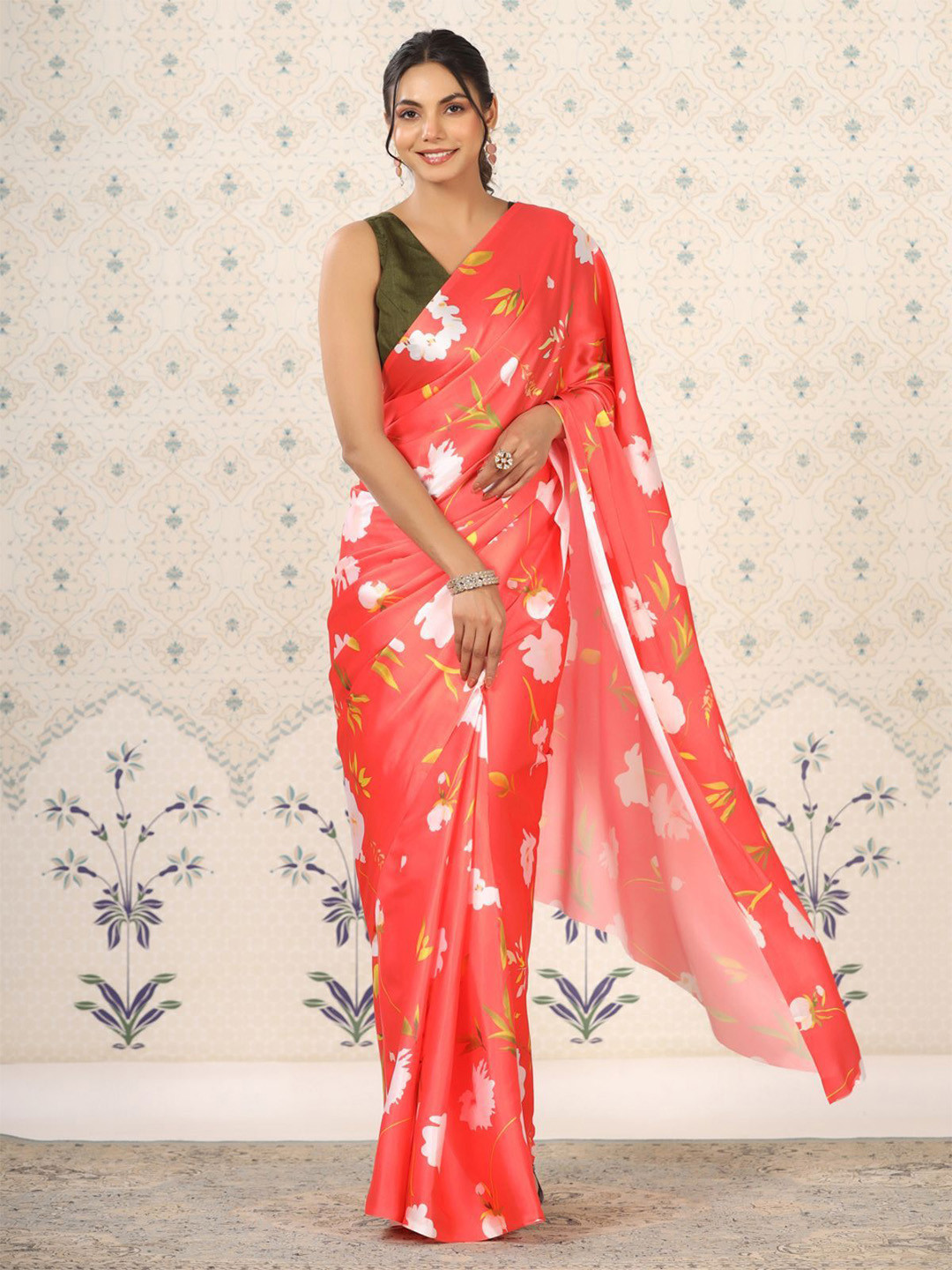 

ODETTE Floral Printed Satin Saree, Orange