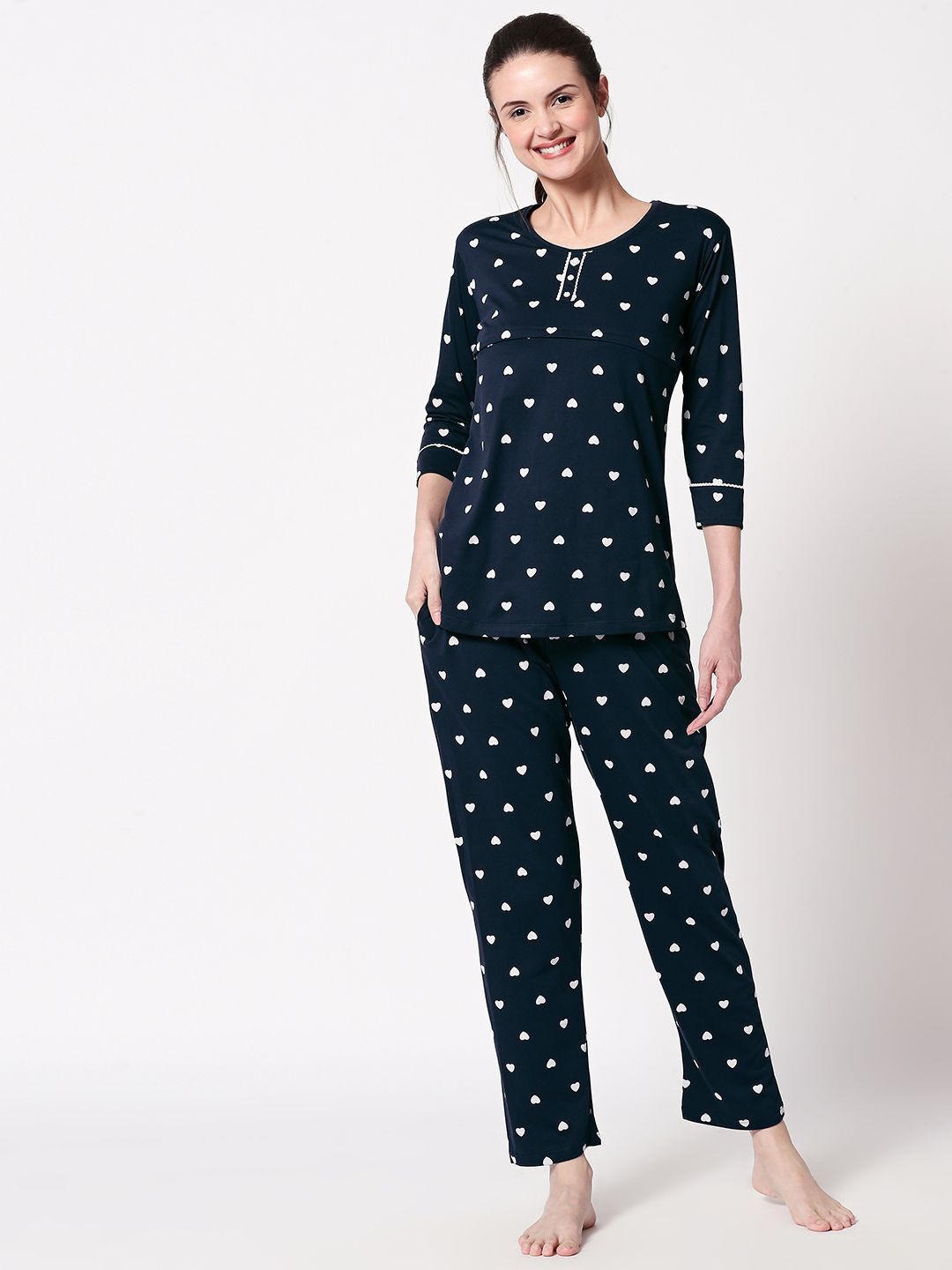 

Zeyo Women Pure Cotton Conversational Printed Night suit, Navy blue