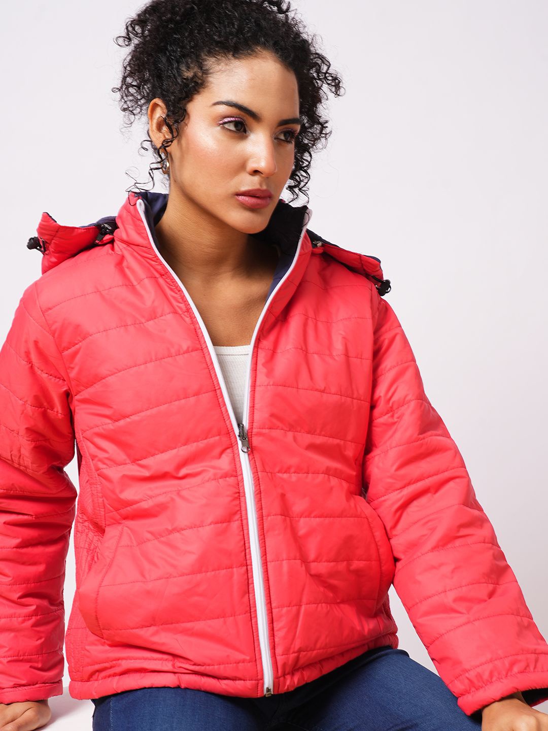 

Globus Women Hooded Solid Casual Puffer Reversible Jacket, Coral