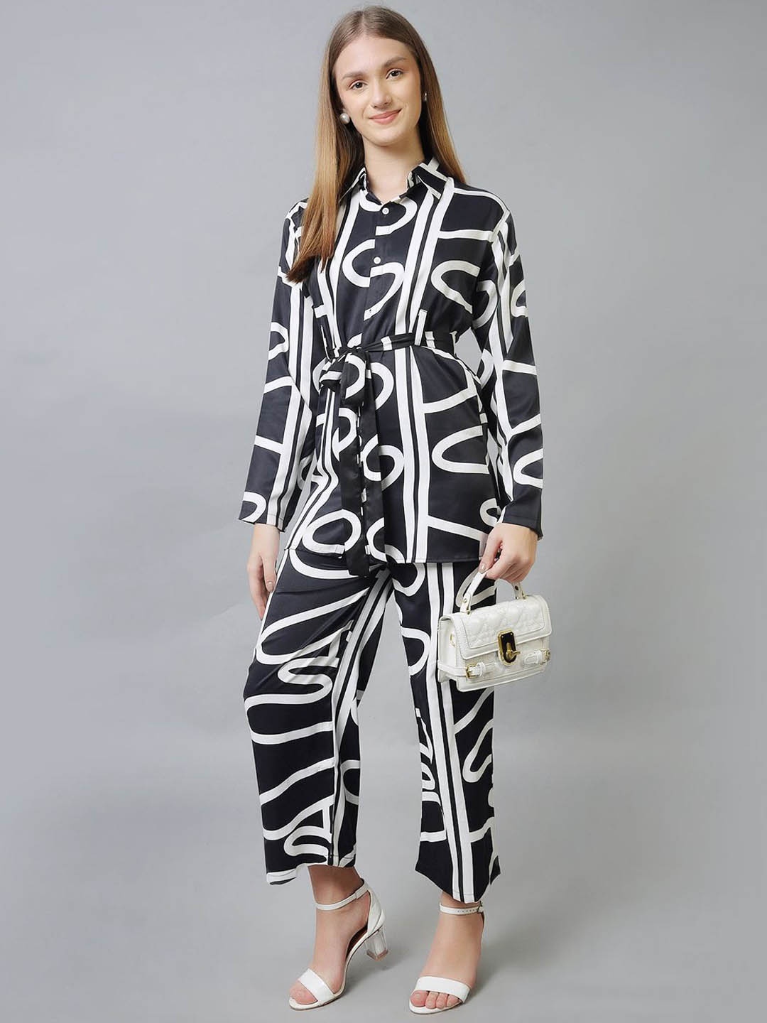 

Xivir Abstract Printed Belted Collar Shirt With Trousers Co-Ords, Black