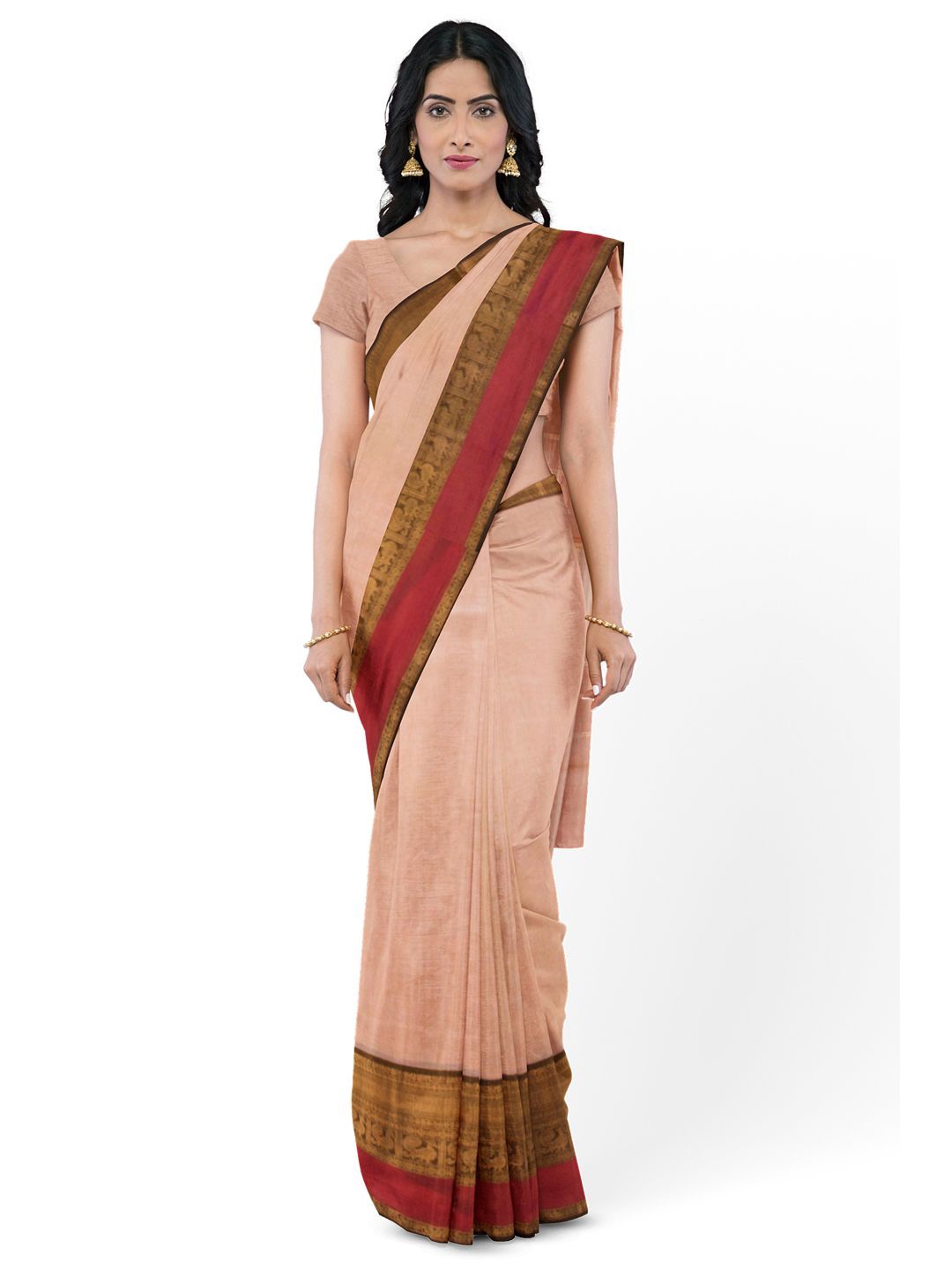 

Avishya Zari Pure Cotton Kanjeevaram Saree with Blouse Piece, Peach