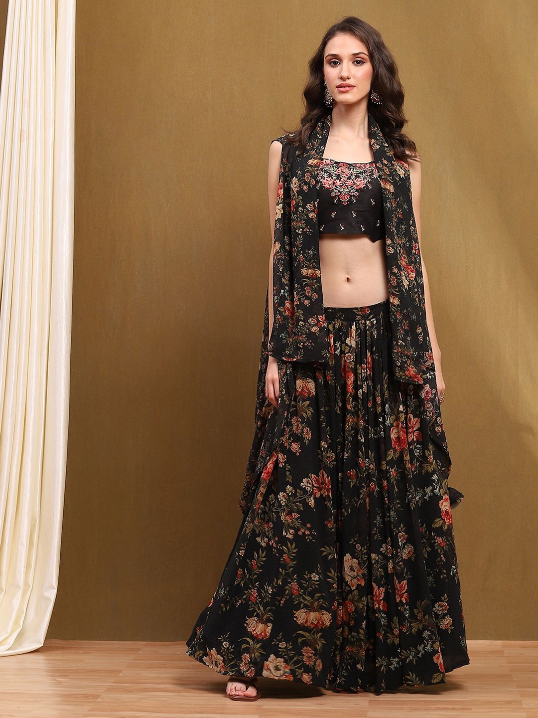 

Biba Printed Sleeveless Ready to Wear Lehenga & Blouse With Dupatta, Black