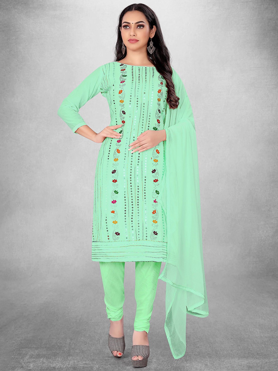 

Maroosh Floral Embroidered Sequinned Unstitched Dress Material, Sea green