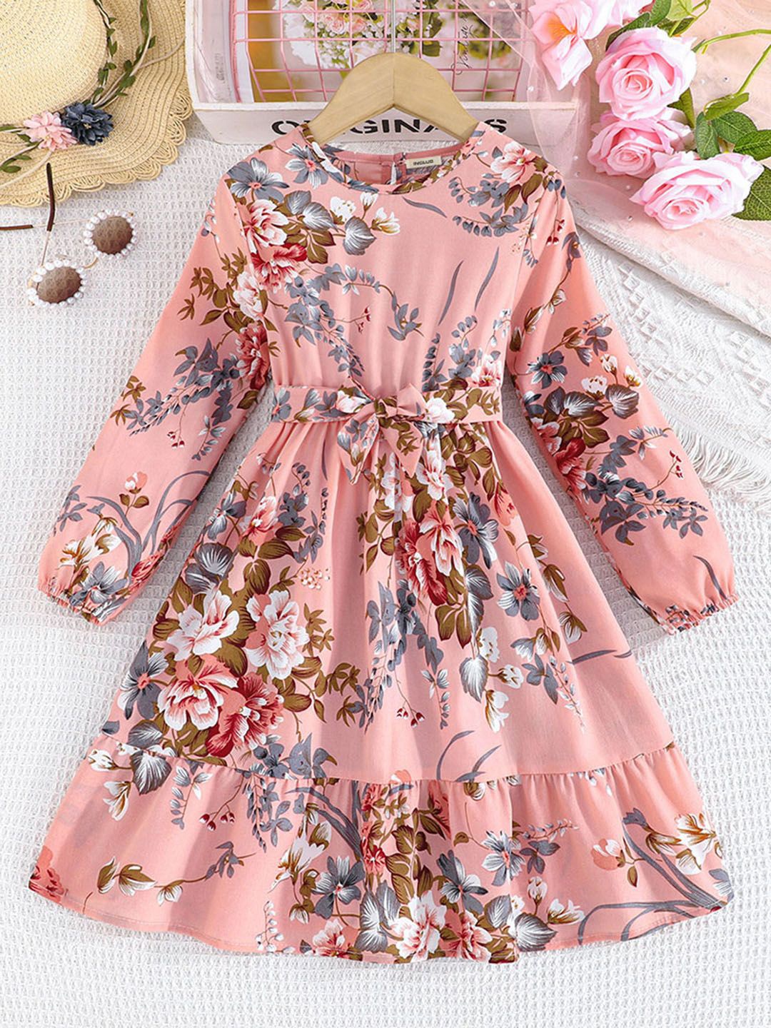 

INCLUD Girls Floral Printed Puff Sleeve Fit & Flare Midi Dress, Pink