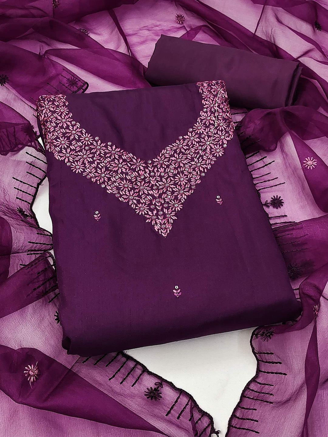 

Peachmode Floral Embroidered Sequinned Art Silk Unstitched Dress Material, Purple