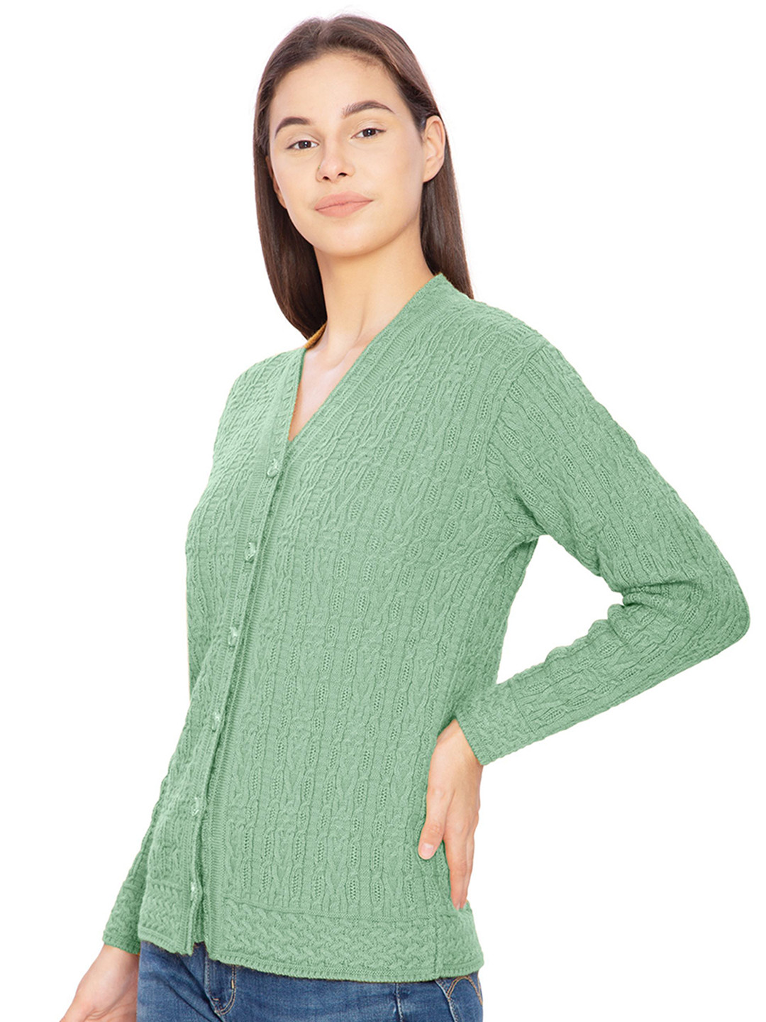 

BAESD Women Self Design Woollen Cardigan, Green
