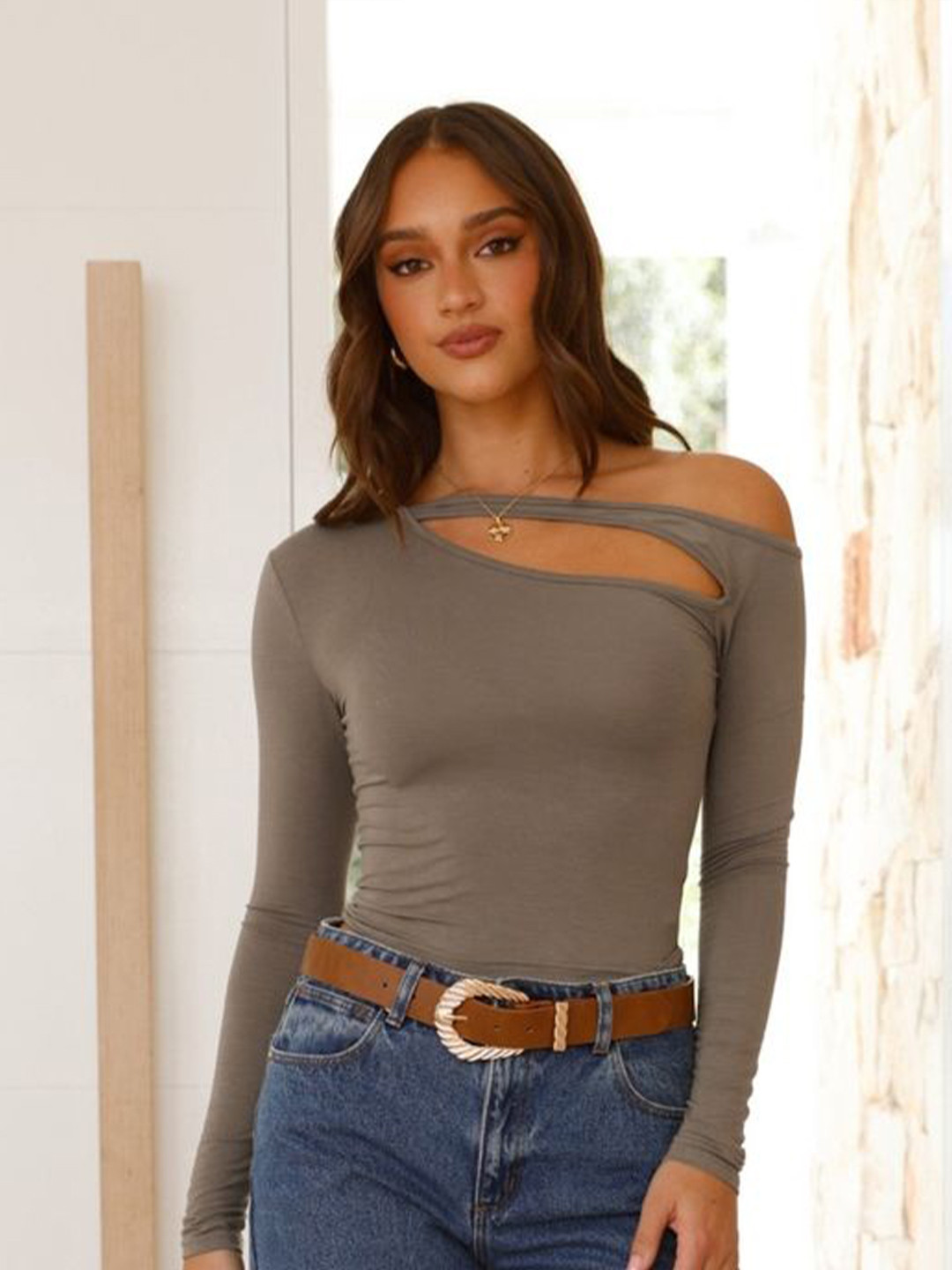 

LULU & SKY Women One Shoulder Long Sleeves Top, Khaki