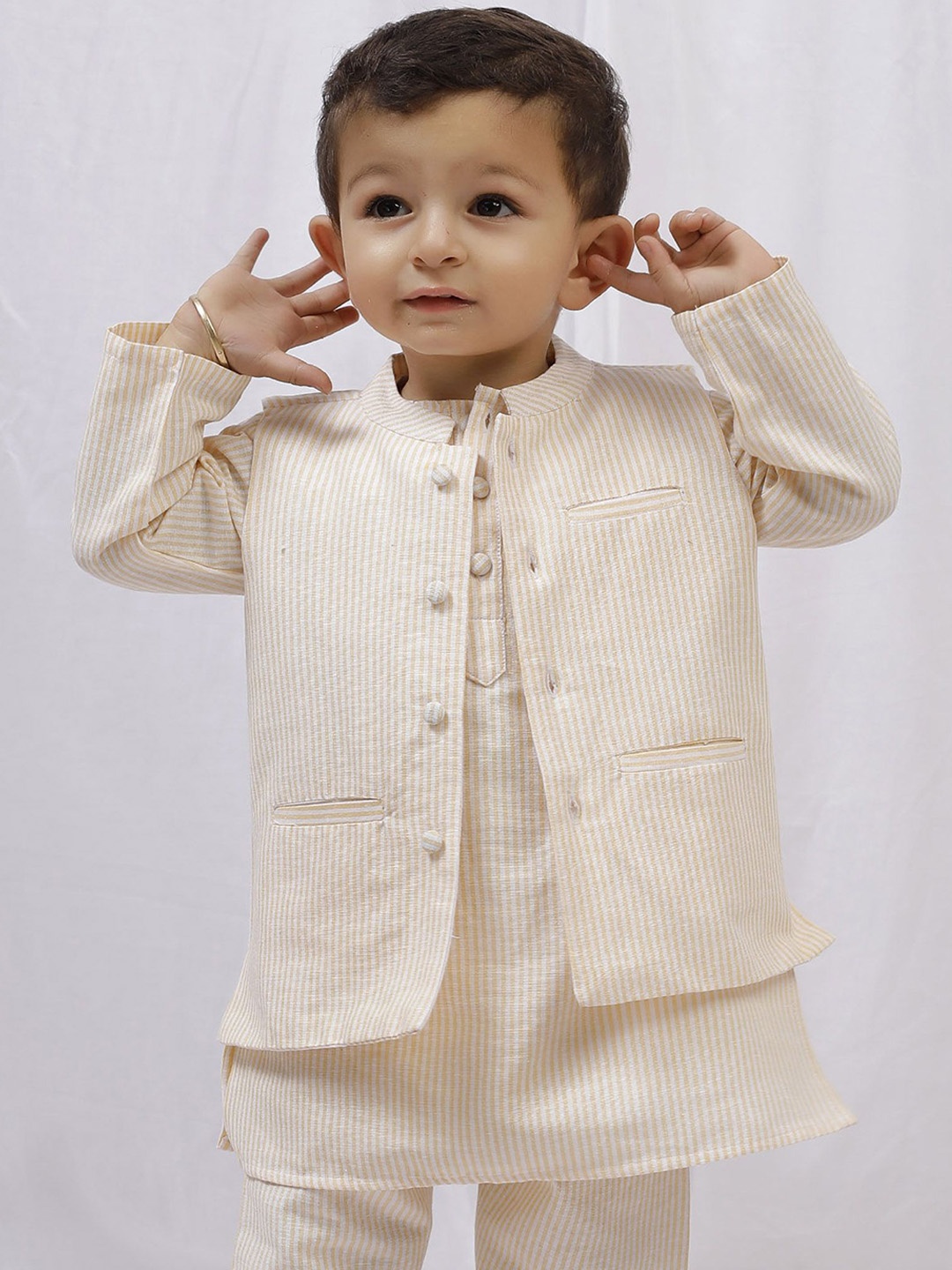 

TJORI Boys Striped Woven Pure Cotton Nehru Jackets, Yellow