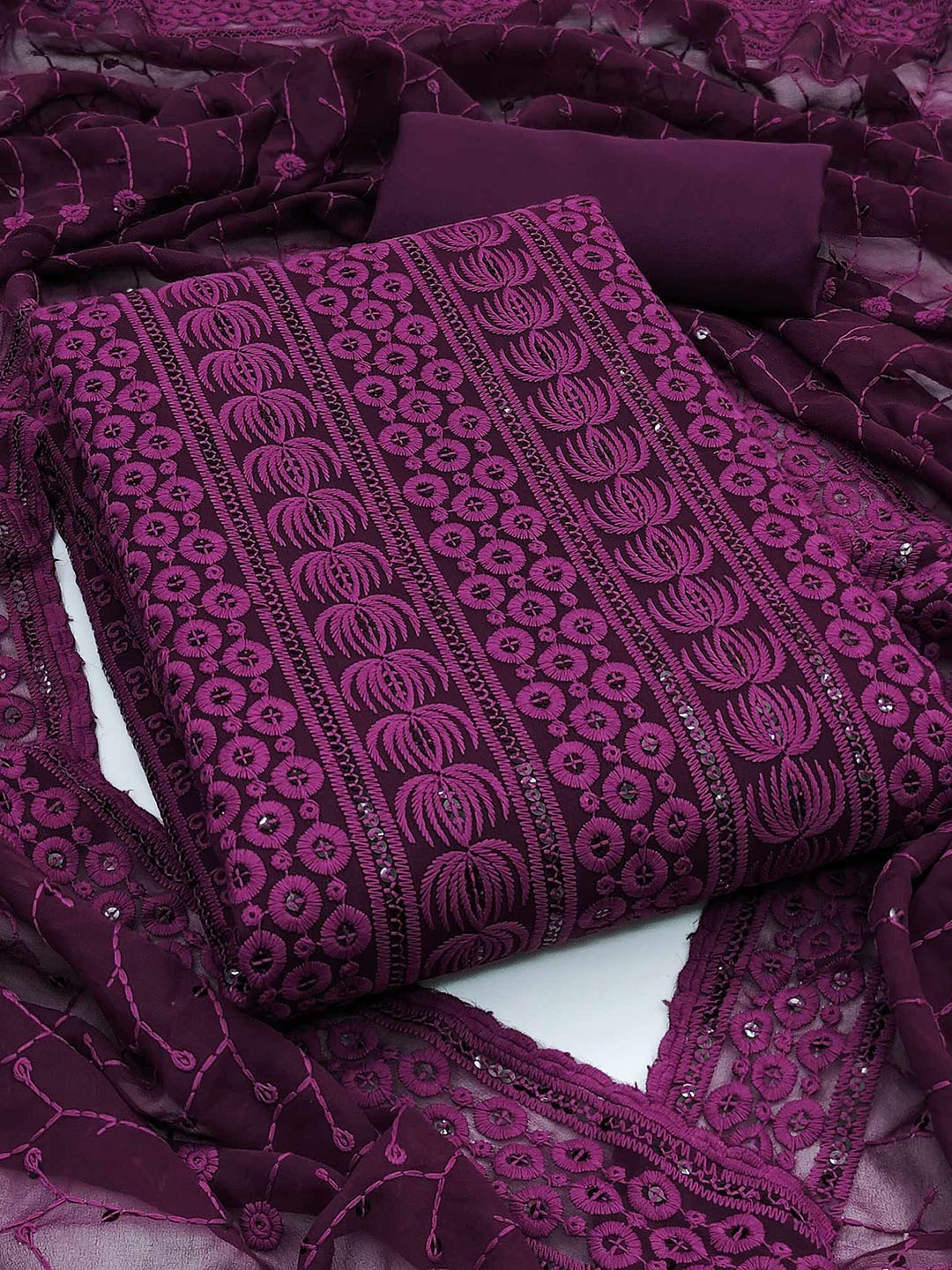 

Peachmode Embroidered Sequinned Silk Georgette Unstitched Dress Material, Purple