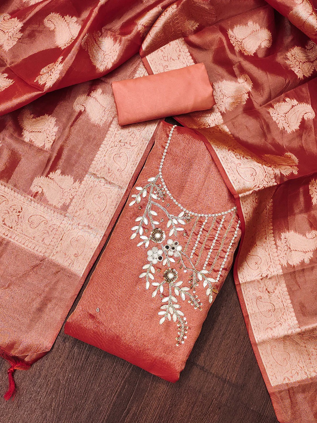

KALINI Floral Embroidered Beads and Stones Unstitched Dress Material, Peach