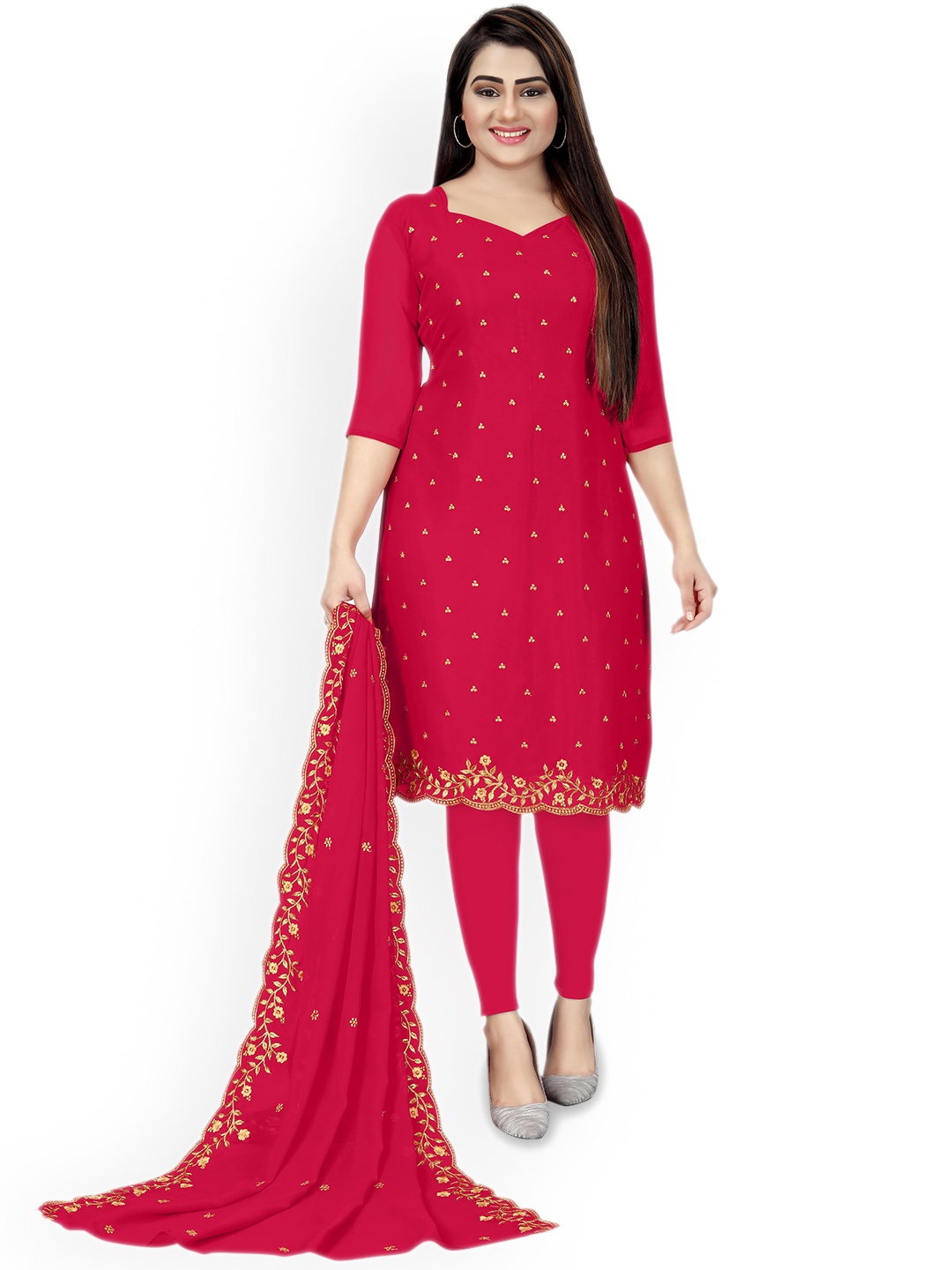 

Maroosh Ethnic Motifs Embellished Georgette Unstitched Dress Material, Pink