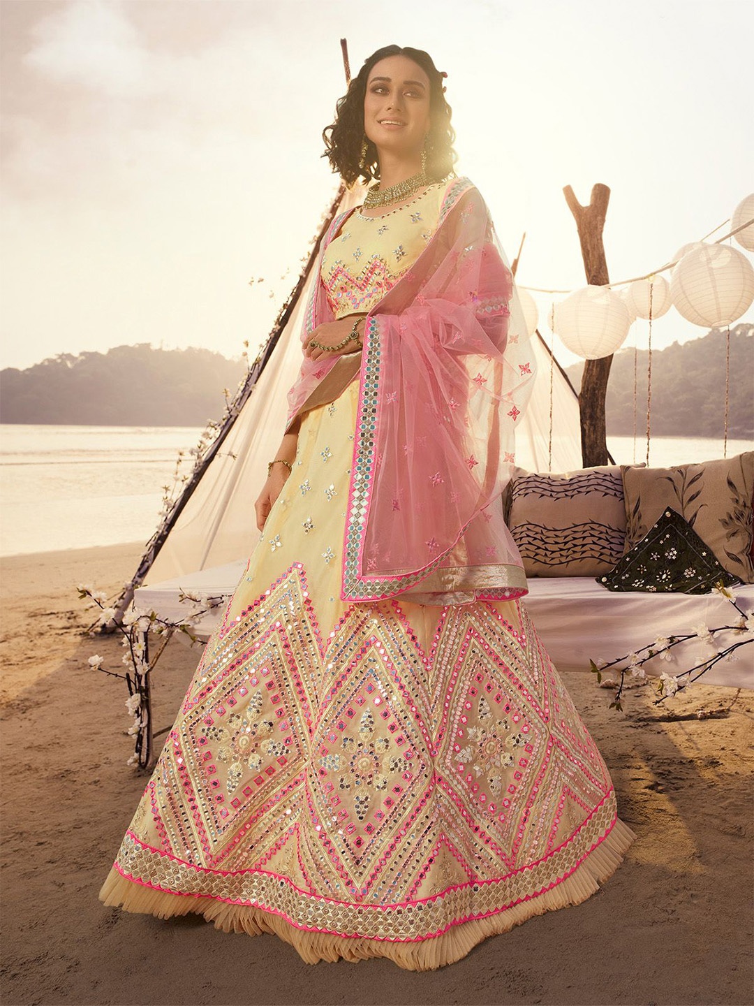

ODETTE Embroidered Mirror Work Organza Semi-Stitched Lehenga & Blouse With Dupatta, Yellow