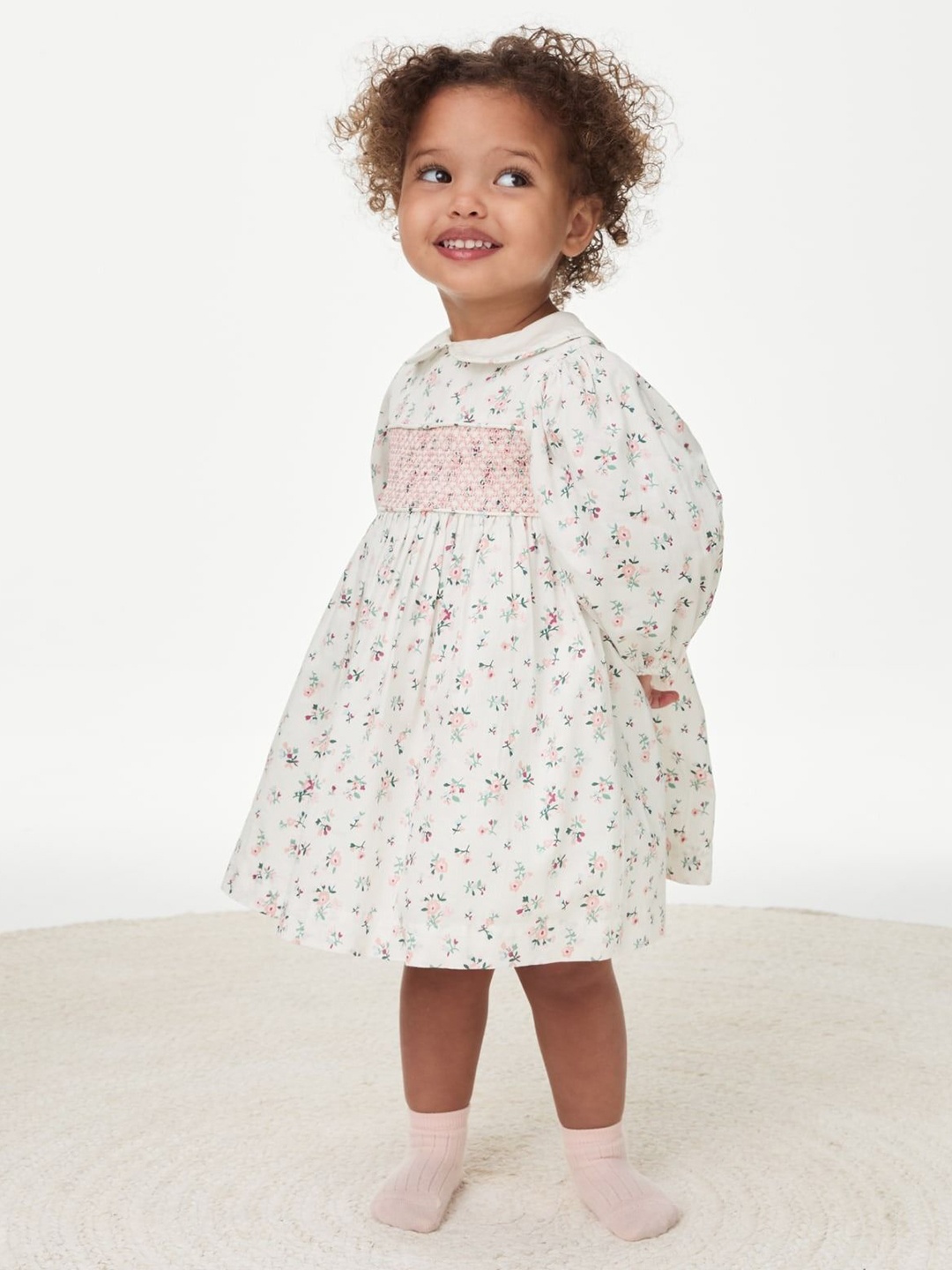 

Marks & Spencer Girls Floral Printed Smocked Detail Cotton Empire Dress, Beige
