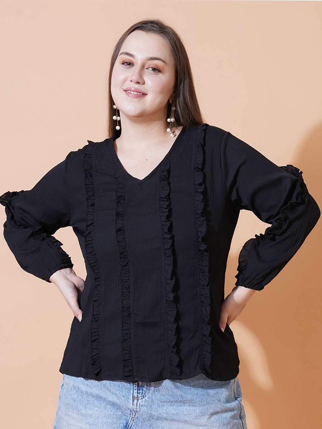 

U&F Beyond Puff Sleeve Ruffles Plus Size Top, Black