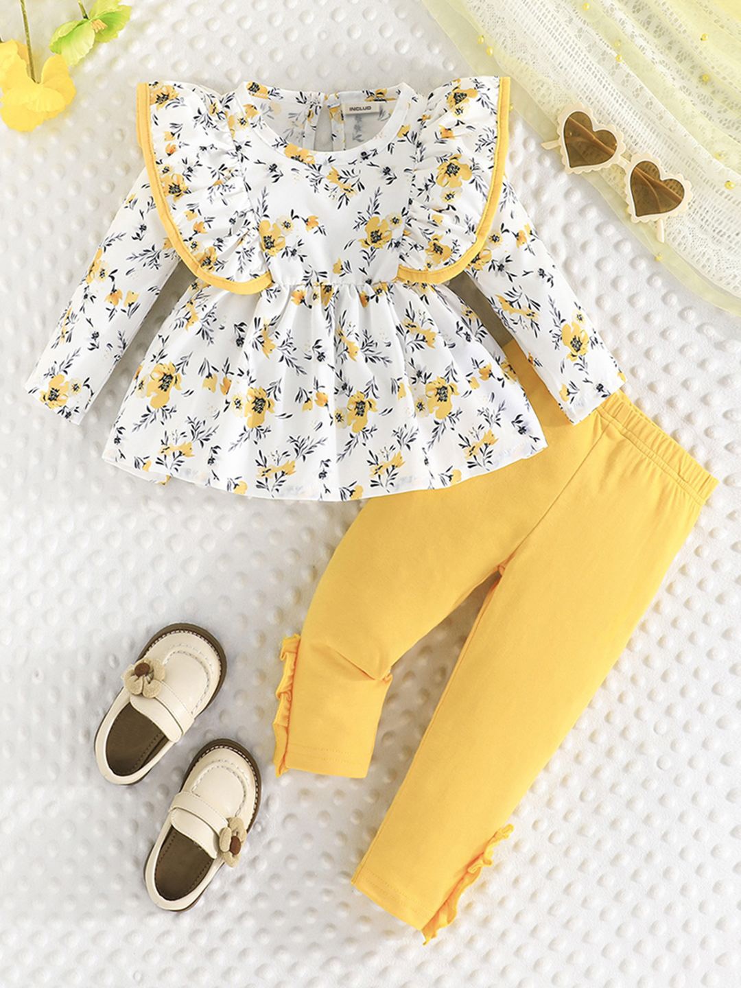

INCLUD Girls Floral Printed Top With Trousers, Yellow