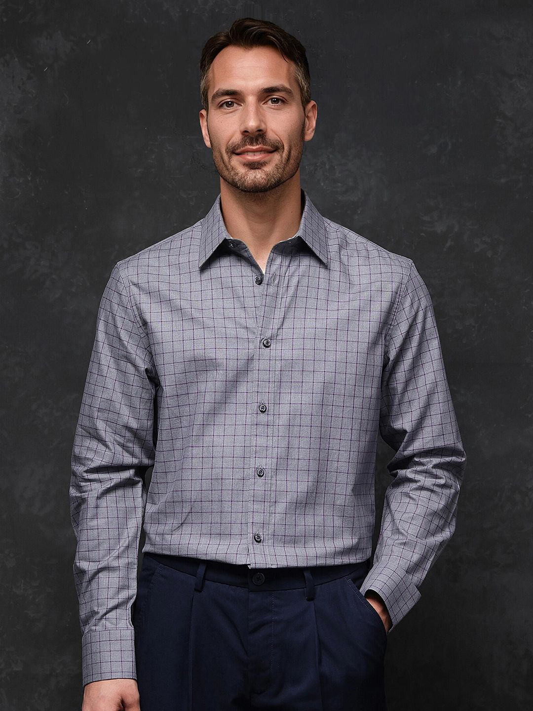 

RARE RABBIT Men Comfort Spread Collar Checked Cotton Formal Shirt, Grey