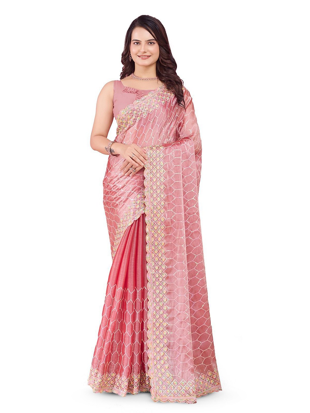 

VenderVilla Floral Embroidered Saree, Peach