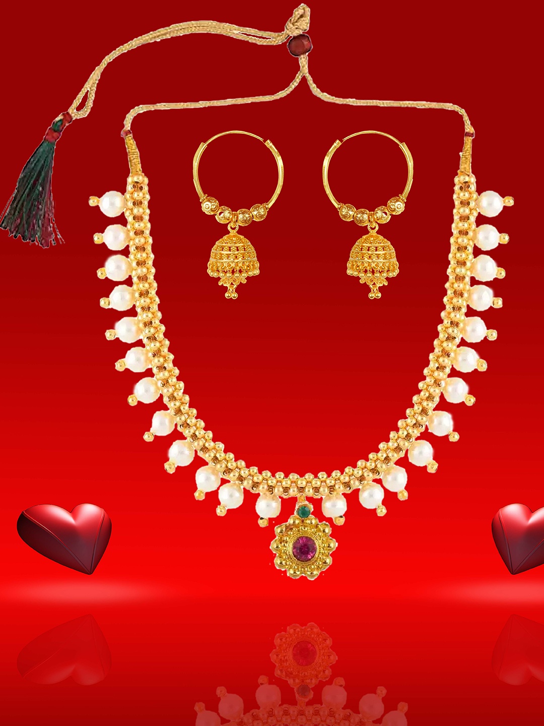 

Heer Collection Gold-Plated Stones-Studded & Pearl-Beaded Jewellery Set