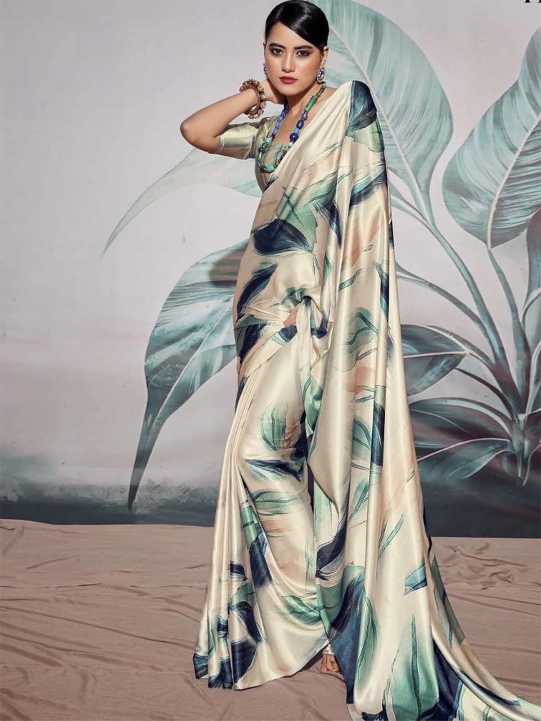 

ODETTE Abstract Printed Satin Saree with Blouse Piece, Off white