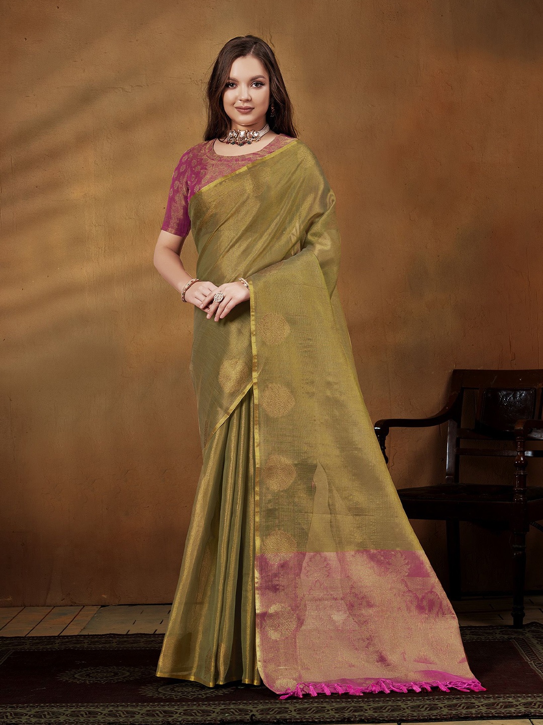 

Anouk Woven Design Khadi Saree With Zari Border, Gold